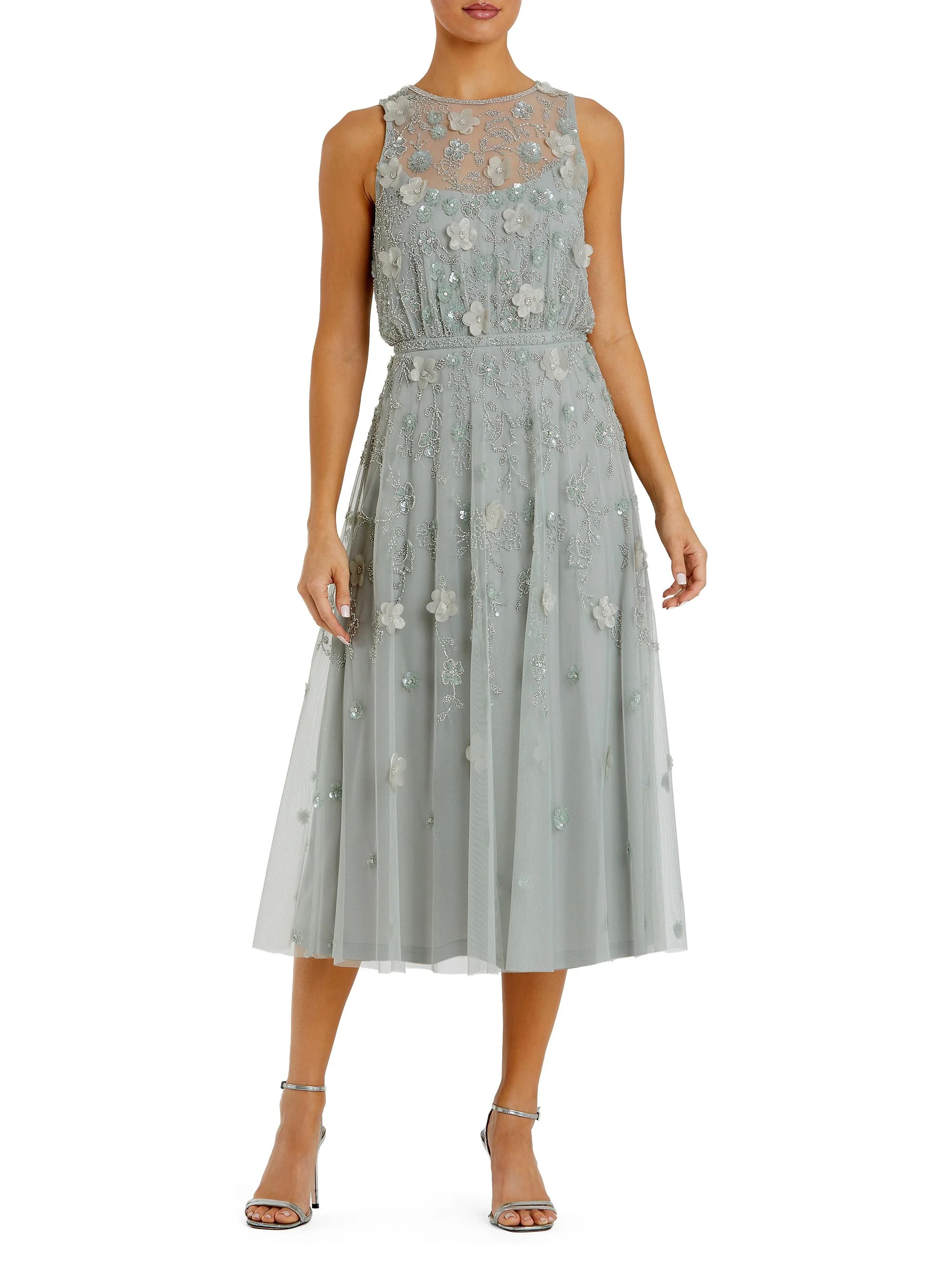 Women's Floral Embellished Mesh A-Line Midi-Dress - Sage - 1