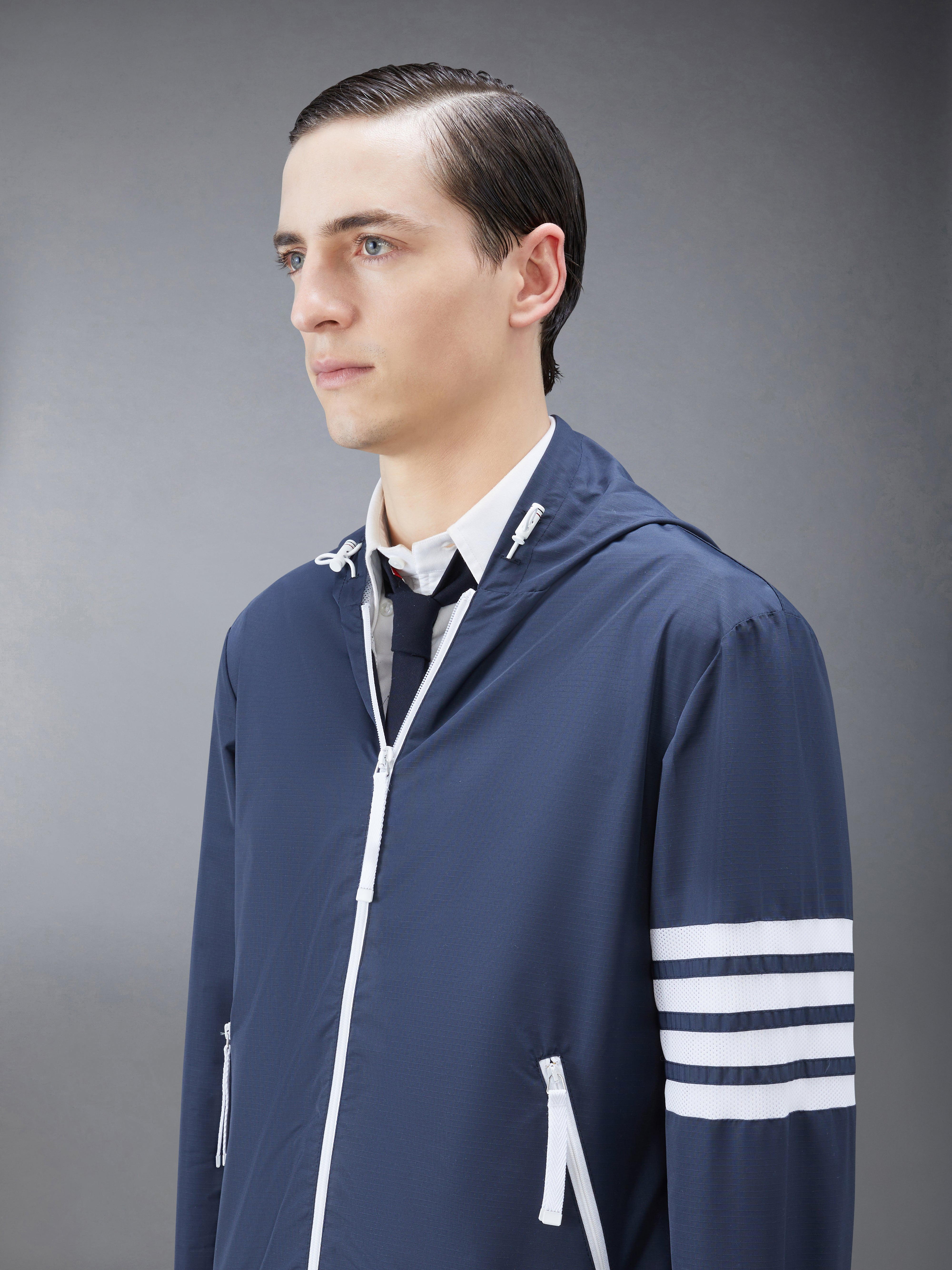 Navy Ripstop Mesh 4-Bar Hooded Zip Up Jacket - 4