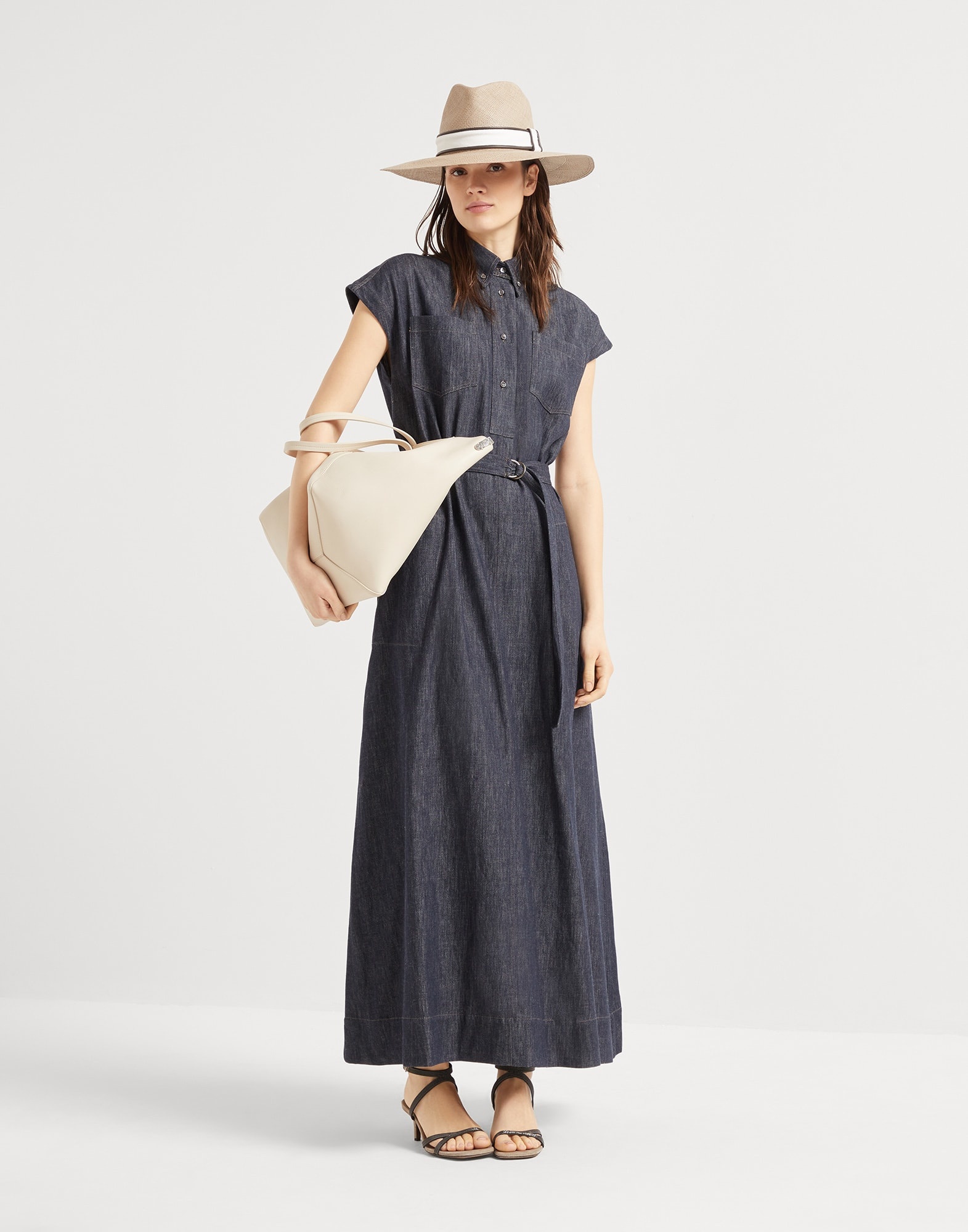 Denim-effect twill belted shirt dress with precious collar detail - 5