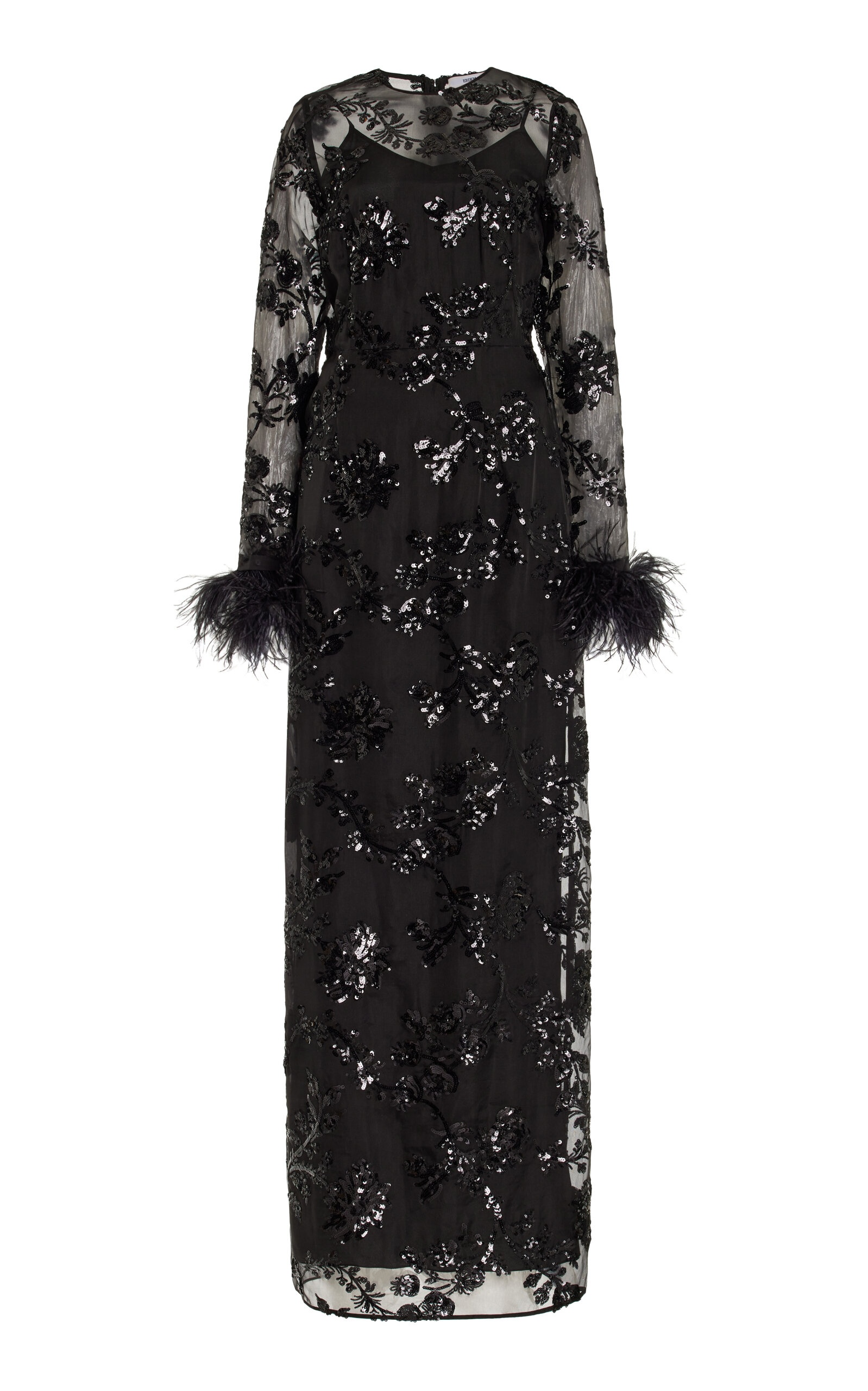 Ostrich-Trimmed Sequined Silk Maxi Dress black - 1