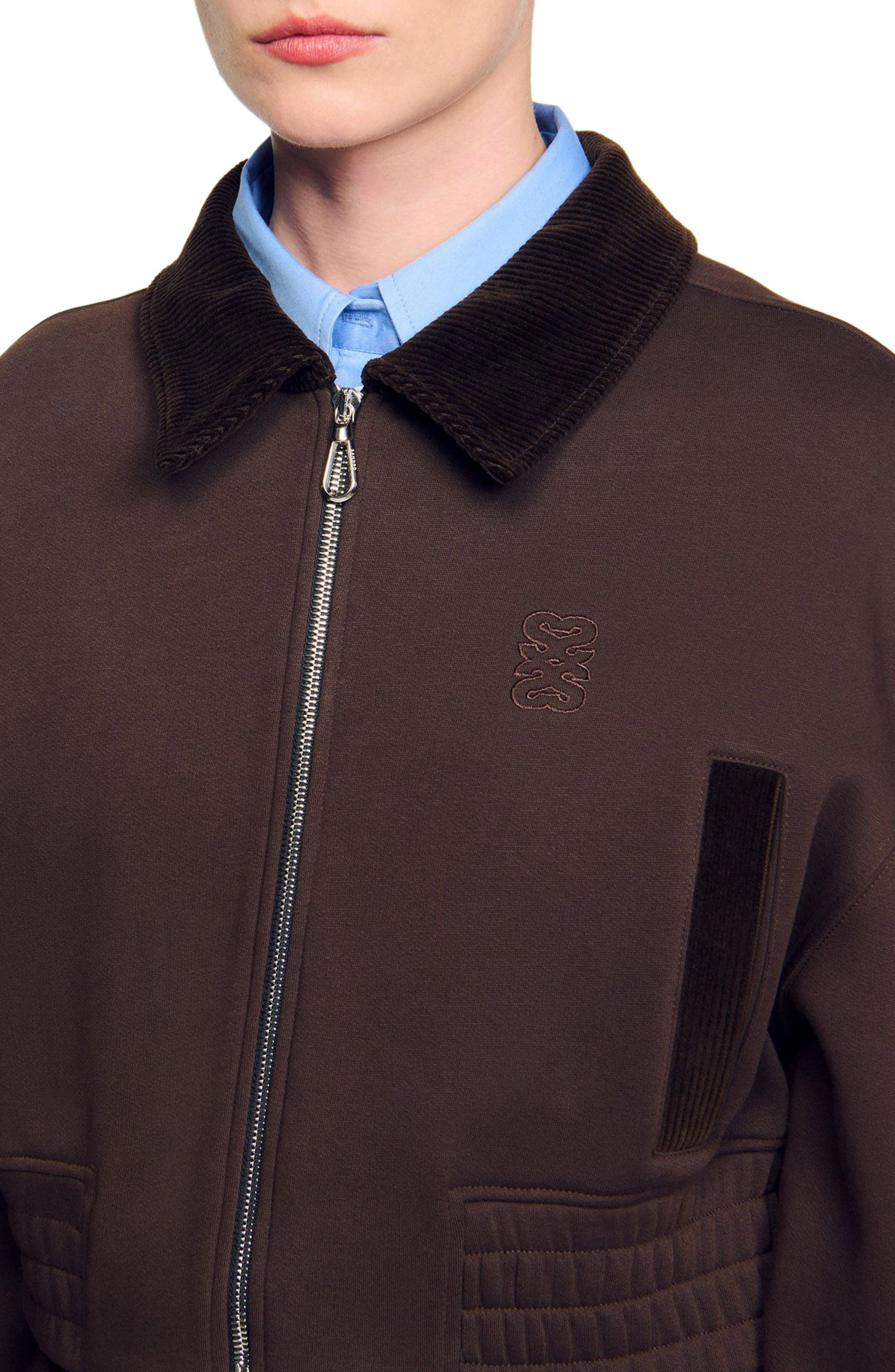 SANDRO Cropped dual-fabric sweatshirt in Brown at Nordstrom - 4
