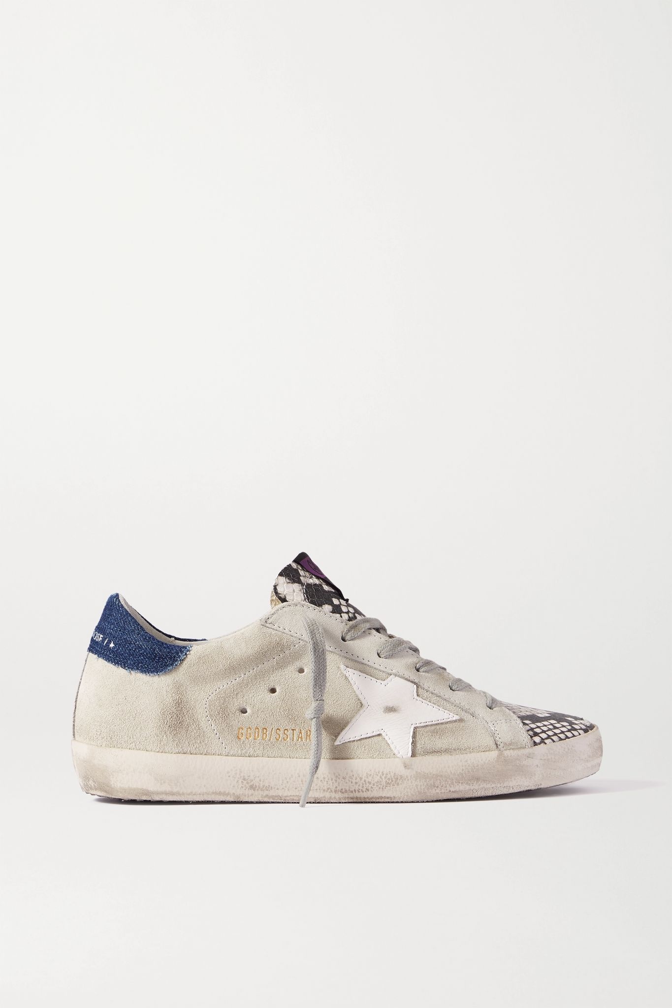 Superstar denim-trimmed distressed snake-effect leather and suede sneakers - 1