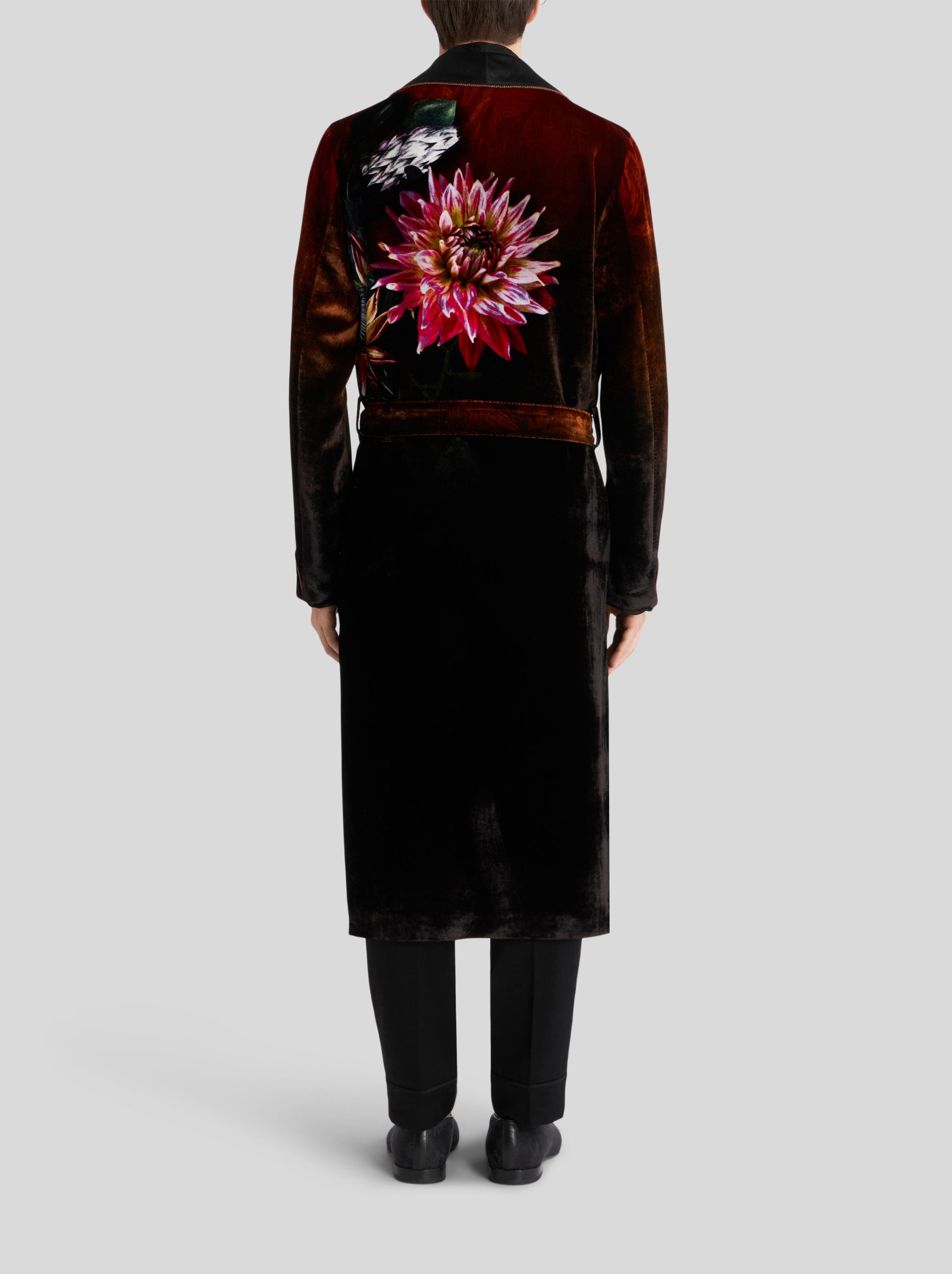 FLORAL PRINT SILK VELVET ROBE COAT - 4