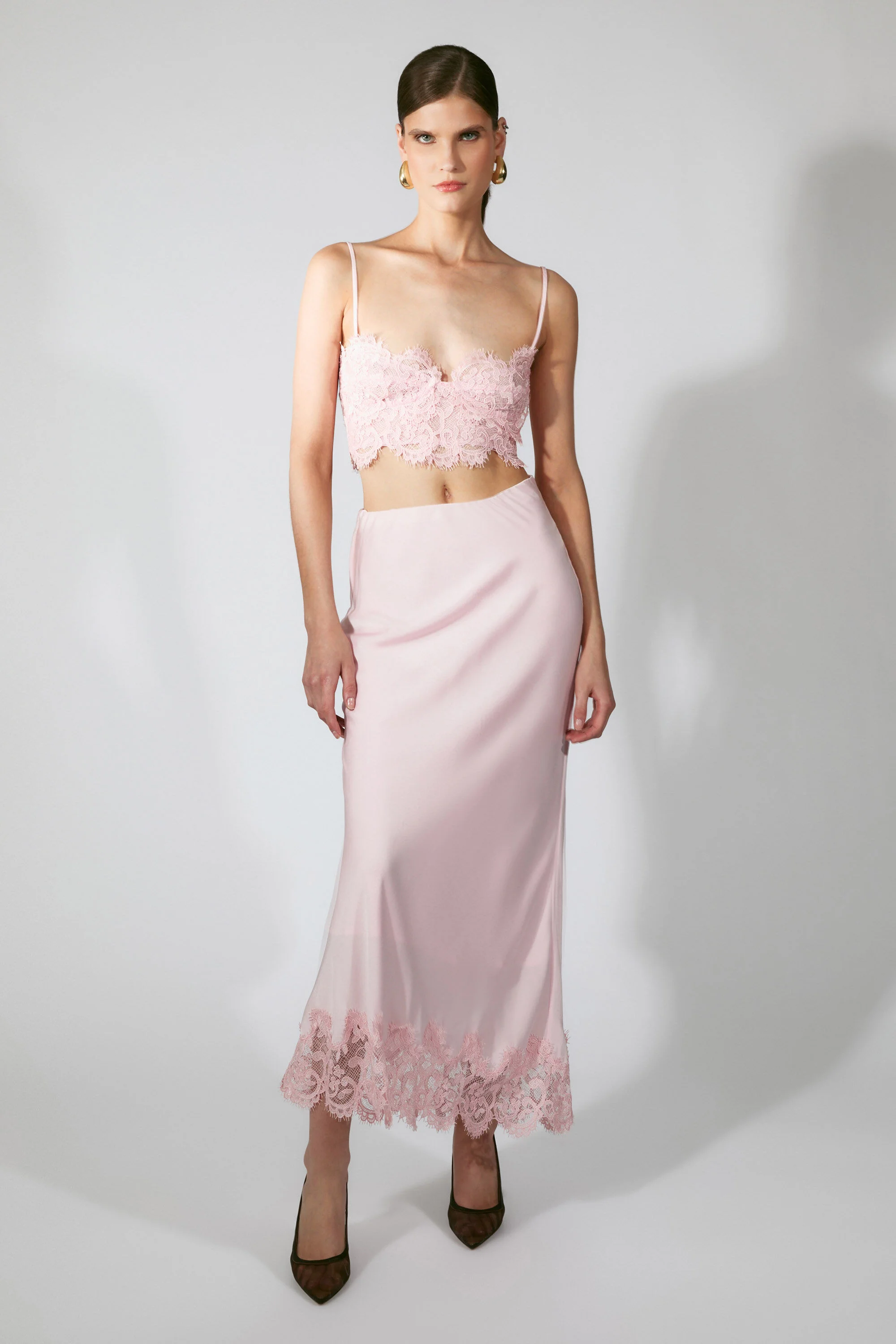 Elisan Lace Satin Midi Skirt In Petal Pink - 1