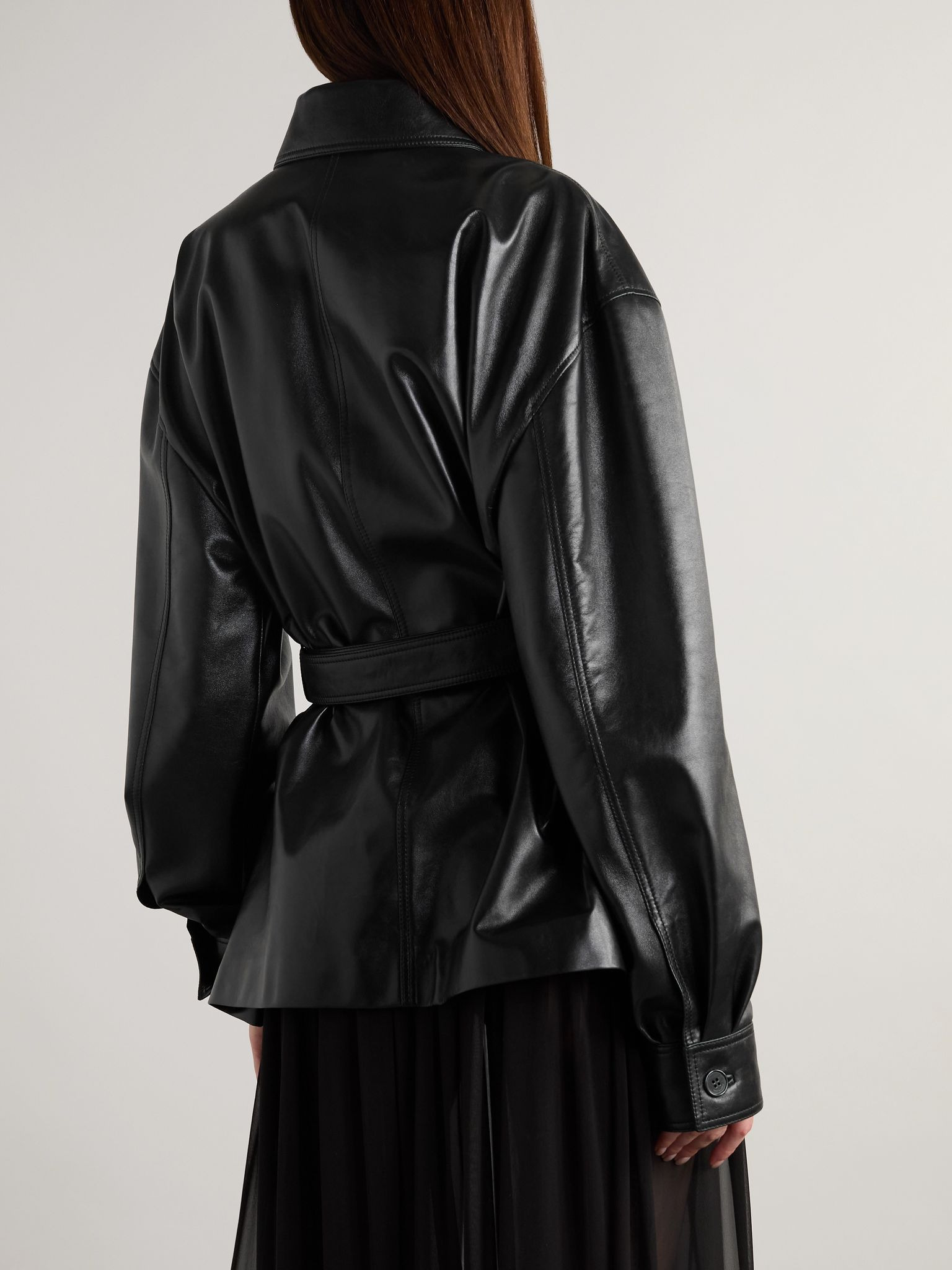 Belted leather jacket Black - 3