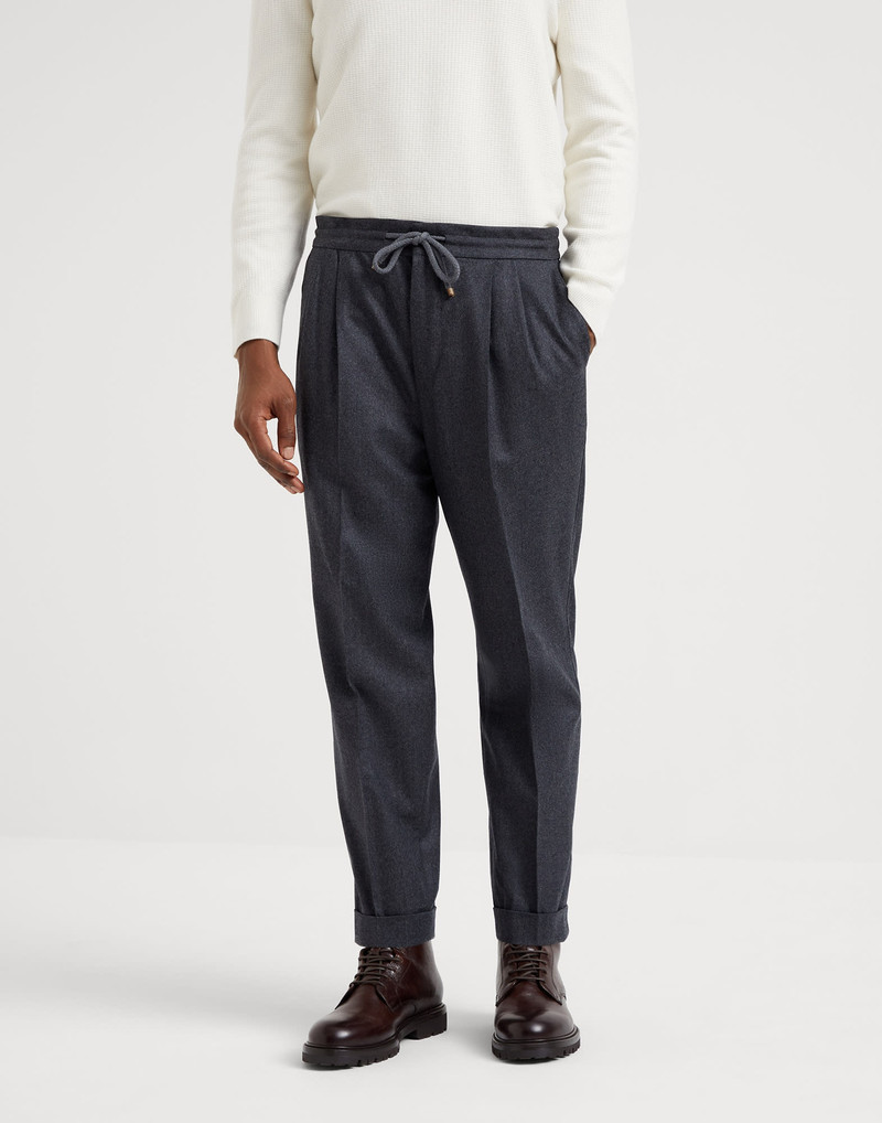 Virgin wool flannel leisure fit trousers with drawstring and double pleats - 1