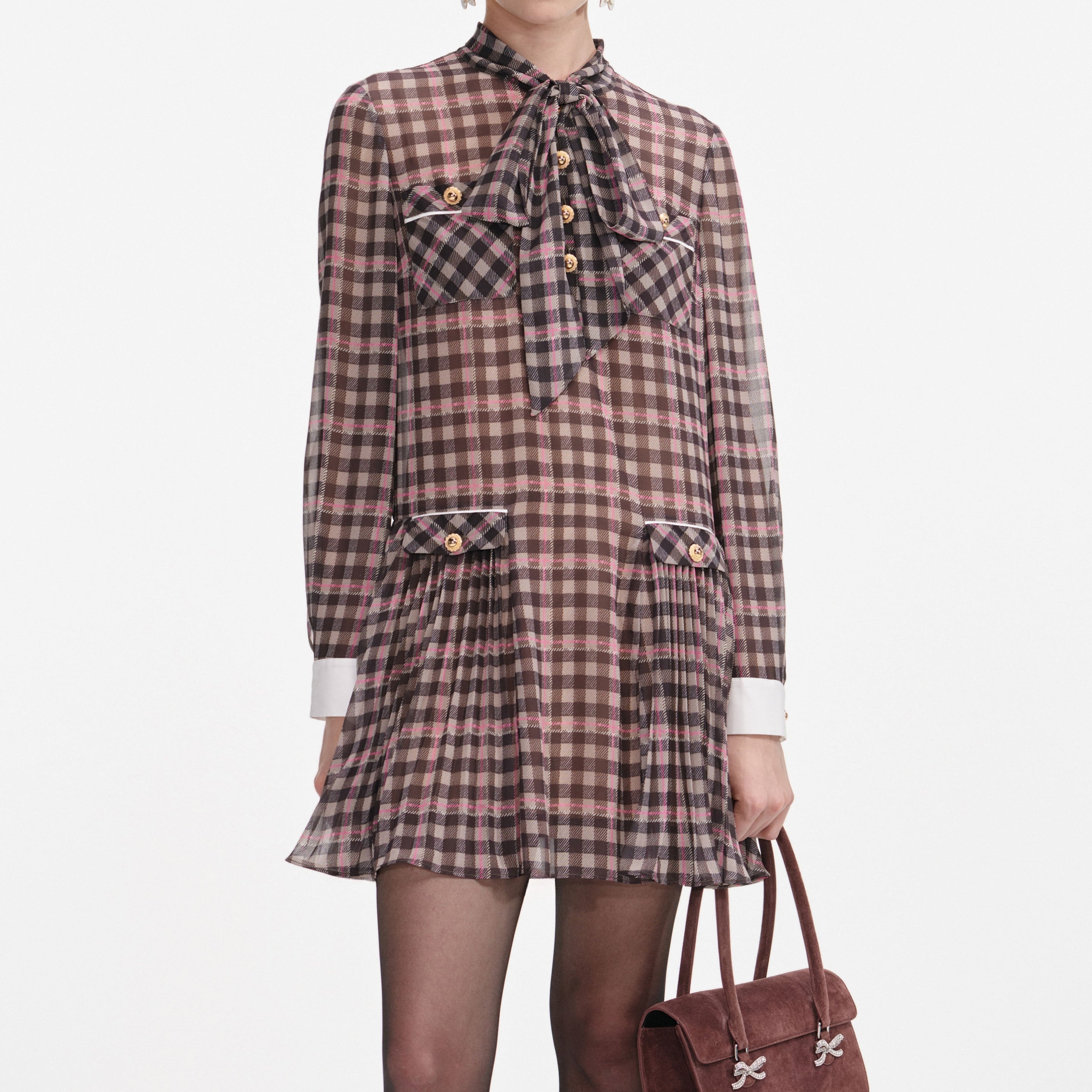 Brown Check Chiffon Mini Dress - 4