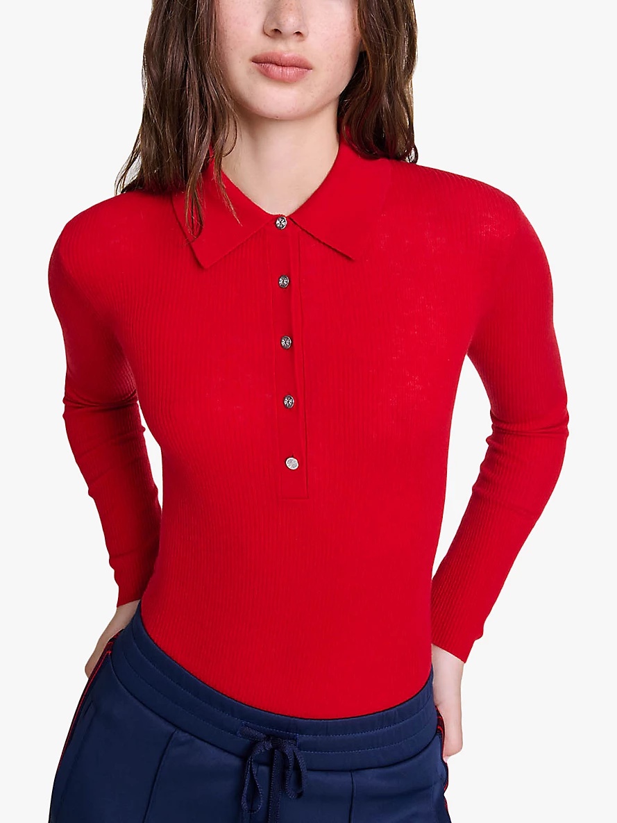 Button-neck long-sleeve wool and silk-blend body - 5