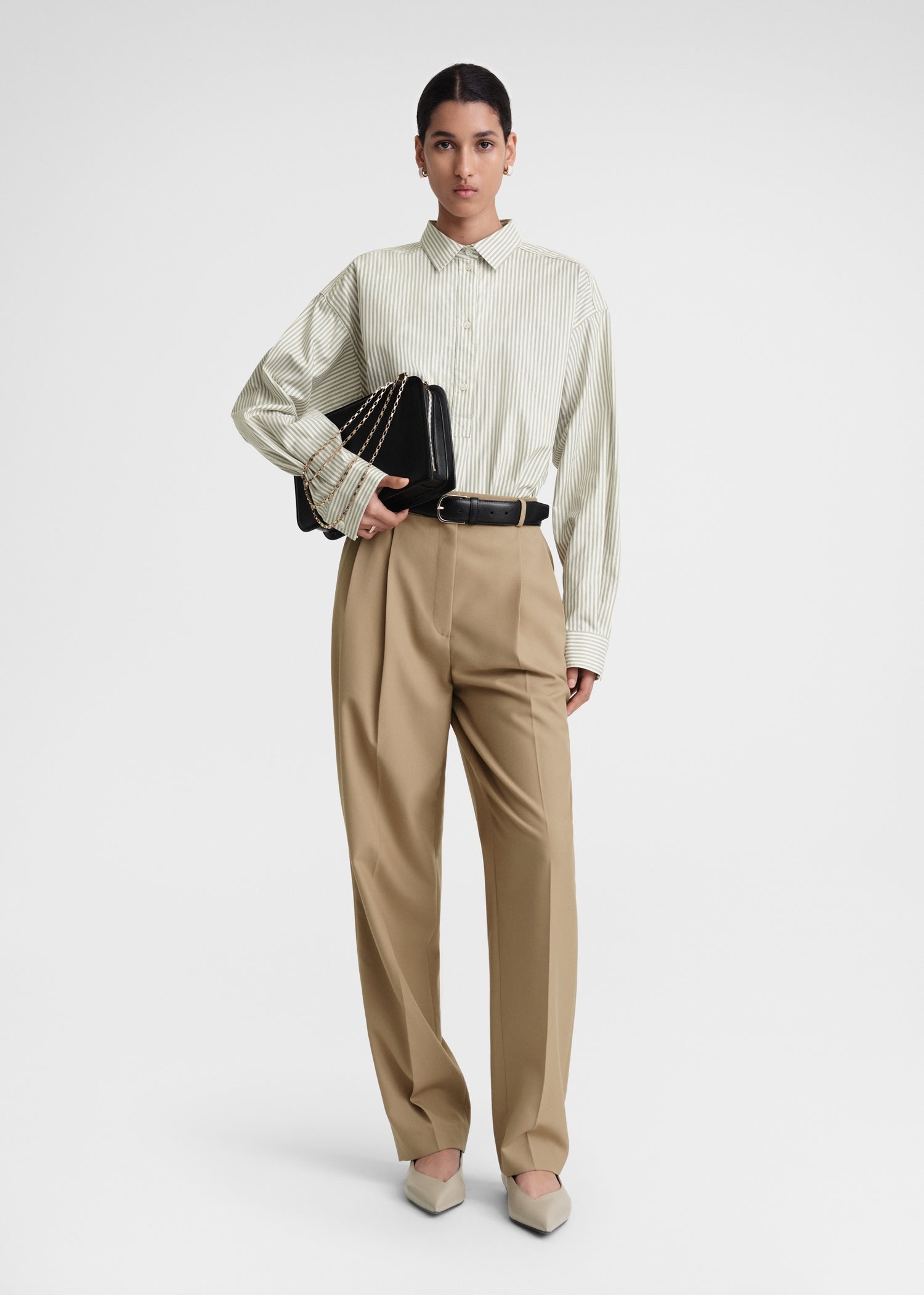 Striped half-placket shirt olive/ecru - 2