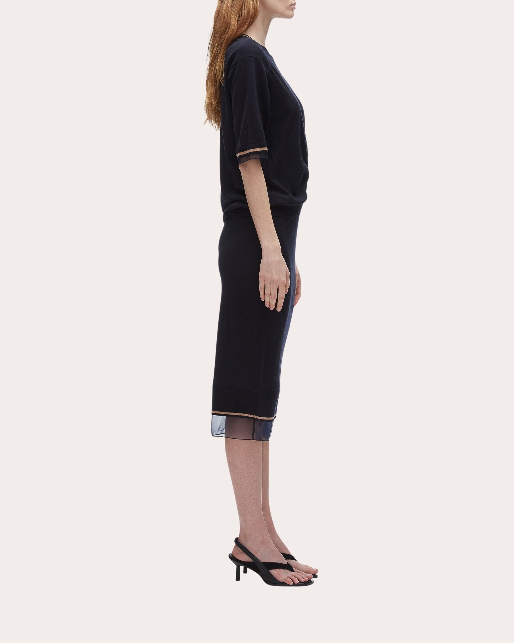 Organza Trimmed Gathered Wool Sweater Dress - 3