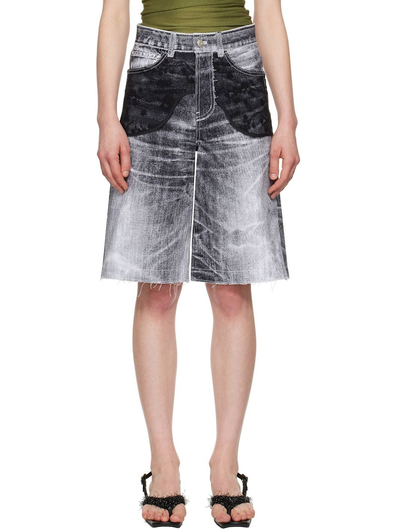Black Lace Paneled Denim Shorts 1