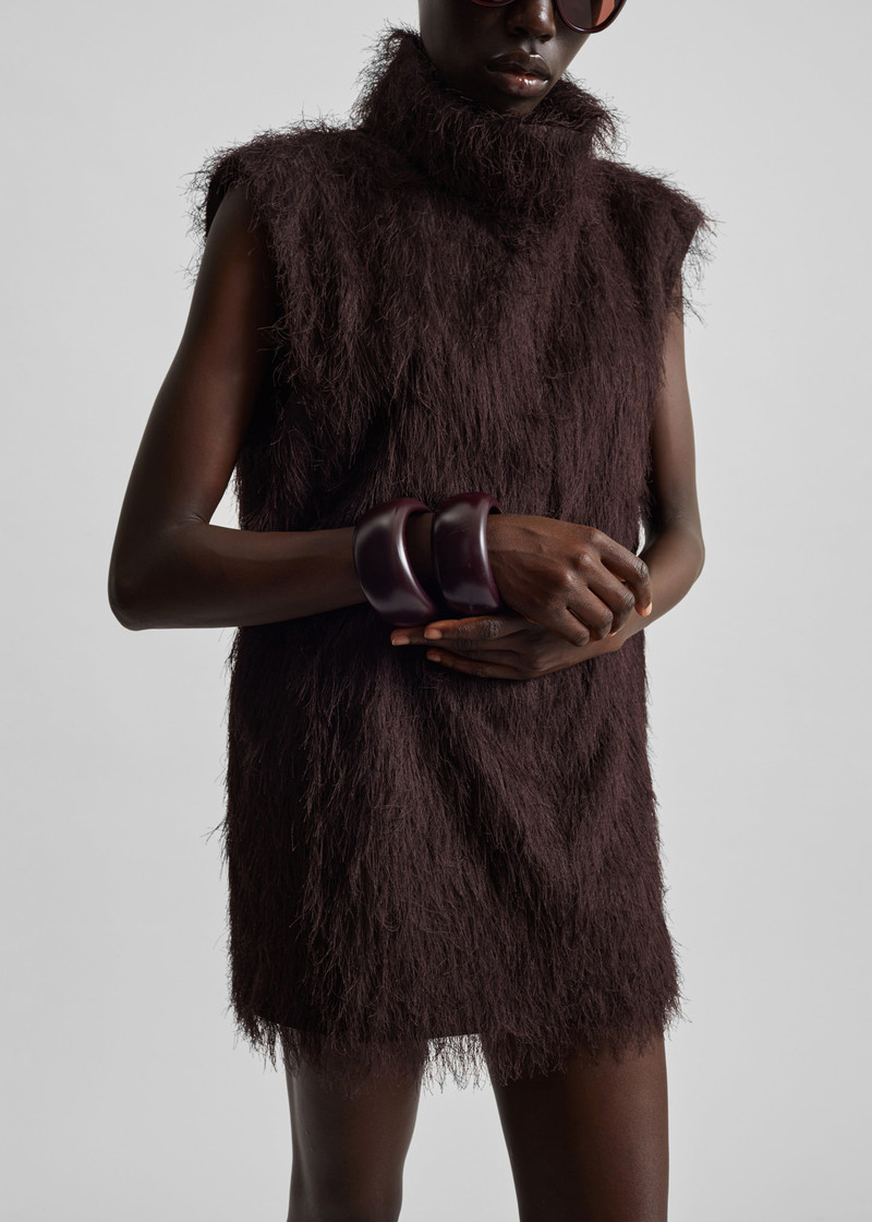 Lancy Fringed Funnel Neck Dress - Dark Brown 2