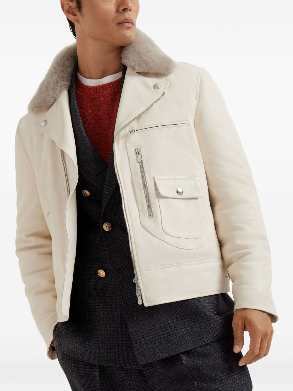 fur-collar leather jacket - 4