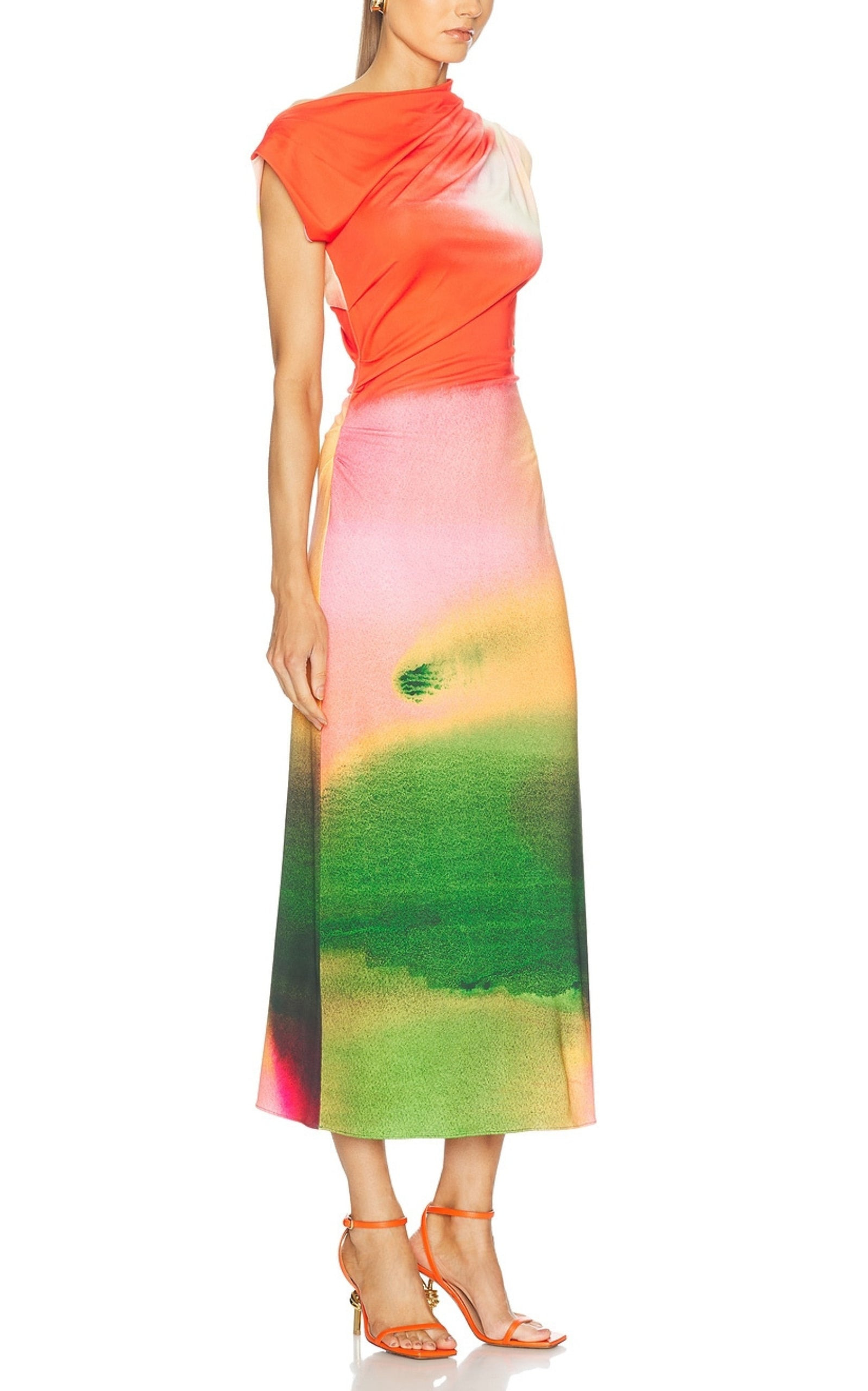 Draped Watercolor-Print Jersey Midi Dress - 3