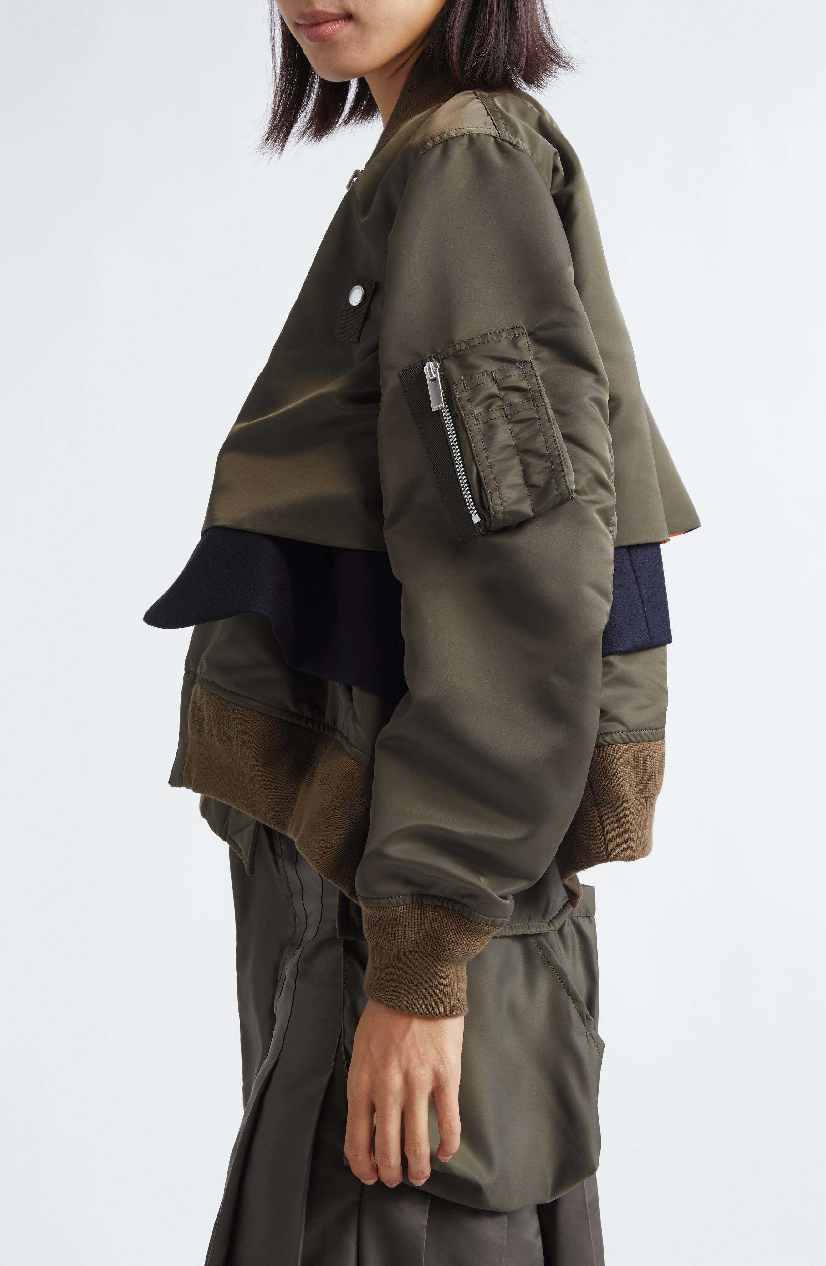 Sacai Nylon Twill & Wool Melton Blouson Jacket in Dark Khaki at Nordstrom - 4