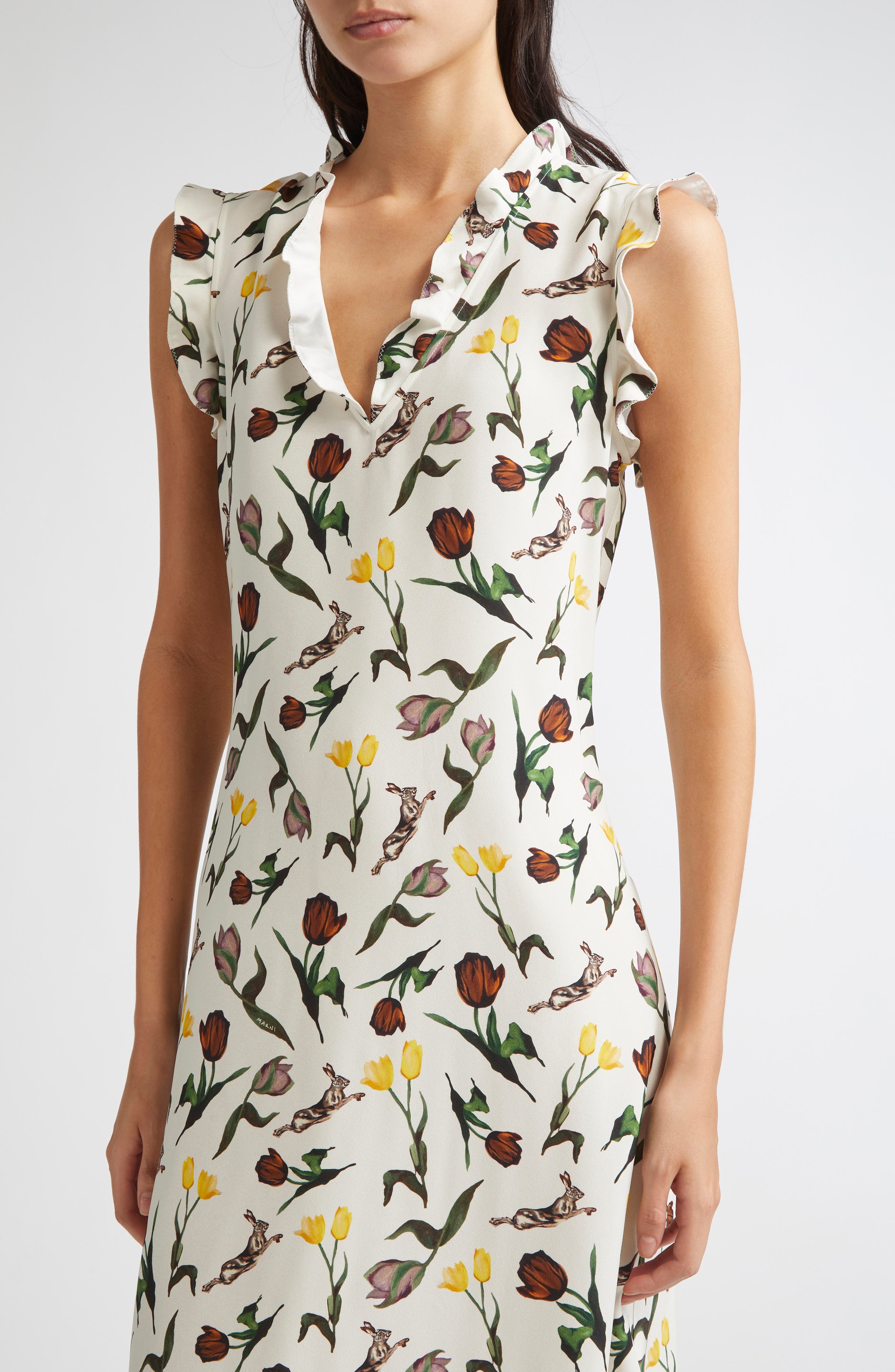 Marni Tulips & Hares Ruffle Satin Midi Dress in Limestone at Nordstrom - 4
