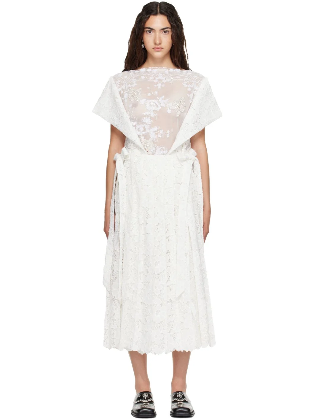 White Pleated Sheer Panel Flared Maxi Dress - 1