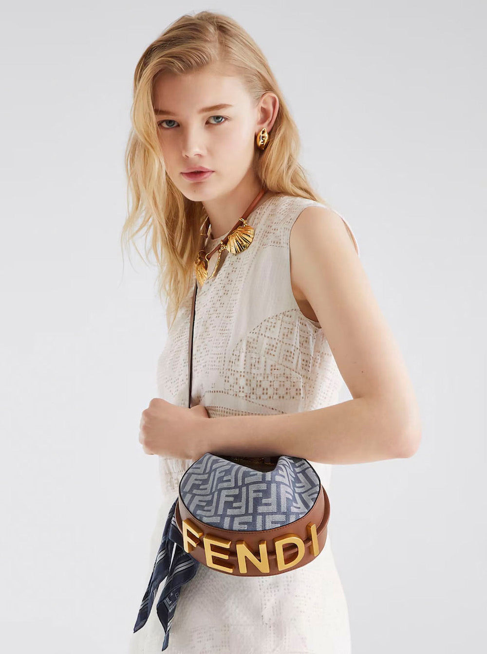 Fendi Women 'Fendigraphy' Blue Mini Handbag With Logo Lettering And All-Over Ff Motif In Cotton Blen - 6