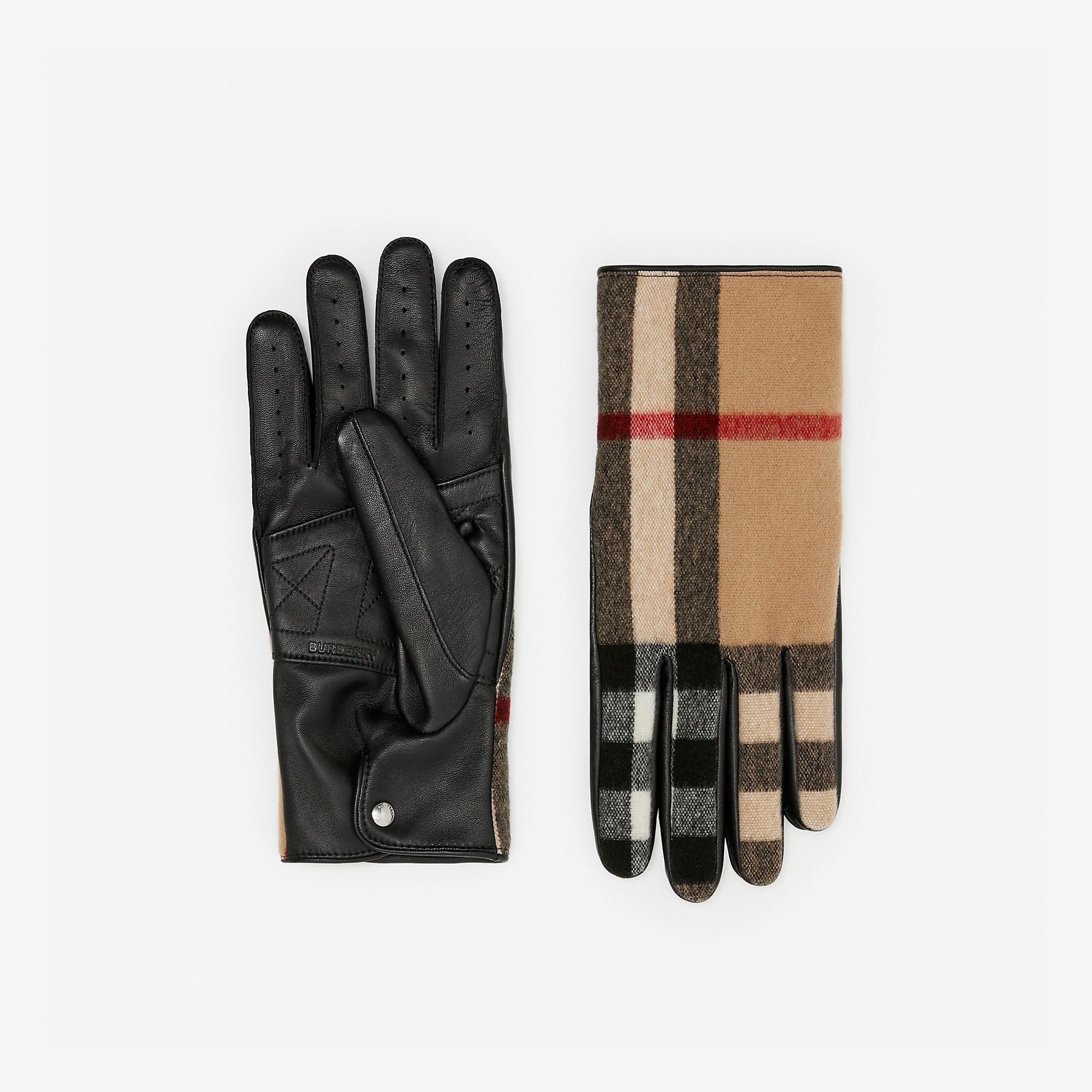 Exaggerated Check Wool and Leather Gloves - 1