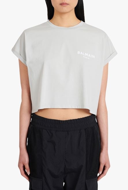 Cropped light gray eco-designed cotton T-shirt with small flocked white Balmain logo - 5