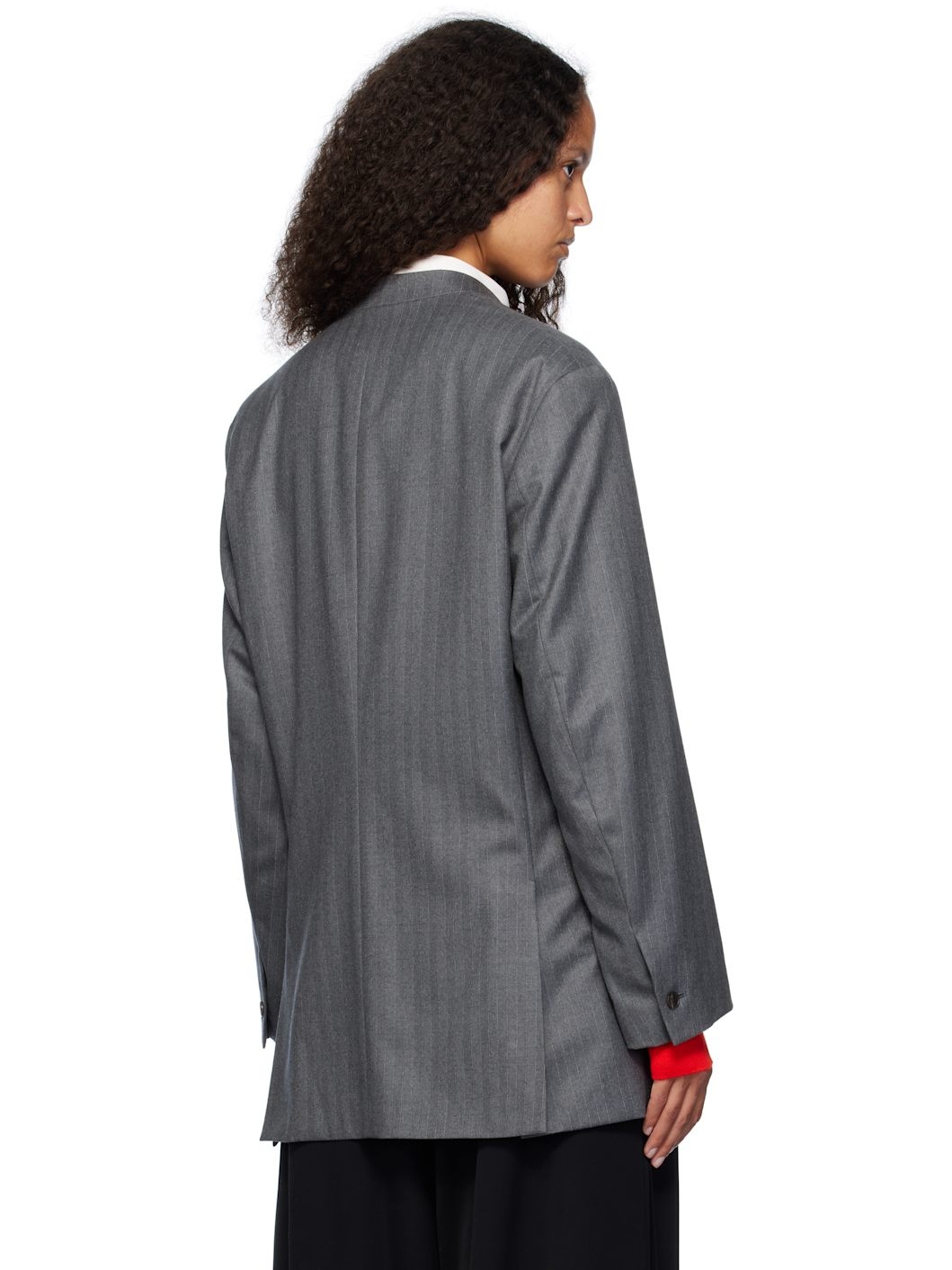 Gray Wool Fulling Flannel Stripe Blazer - 3
