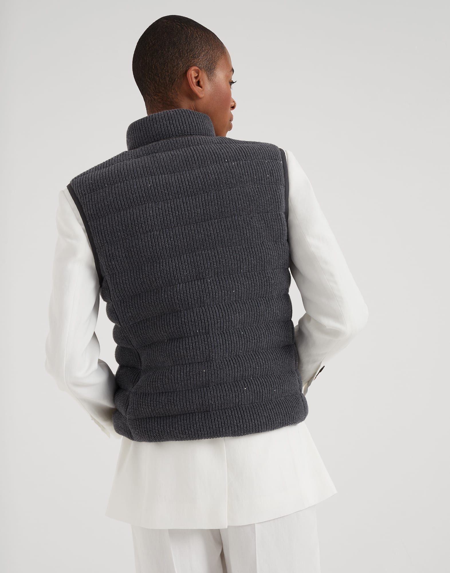 Dazzling cotton English rib knit down vest with monili - 2