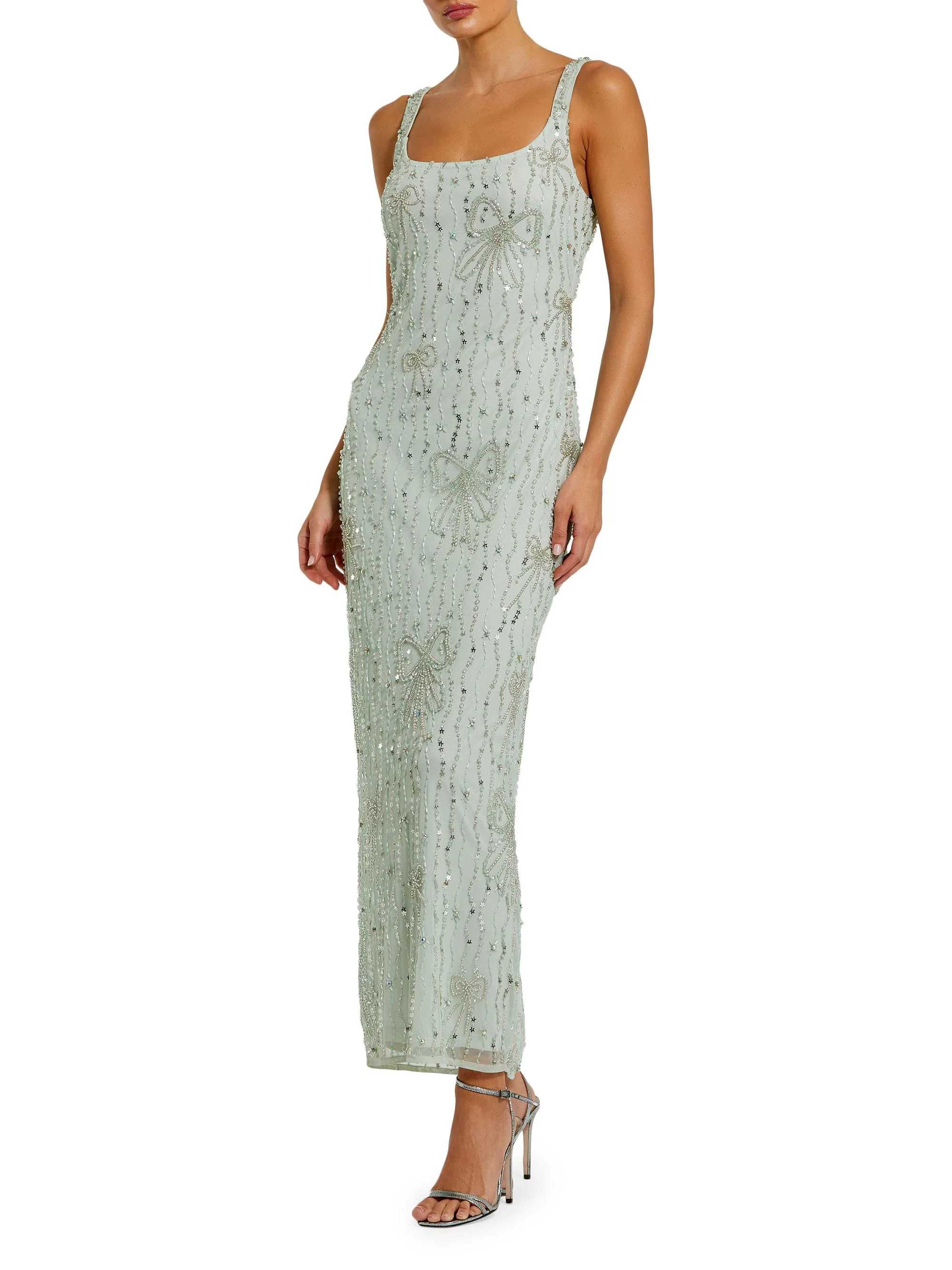 Women's Cocktail Beaded Mesh Scoopneck Gown - Seafoam - 1