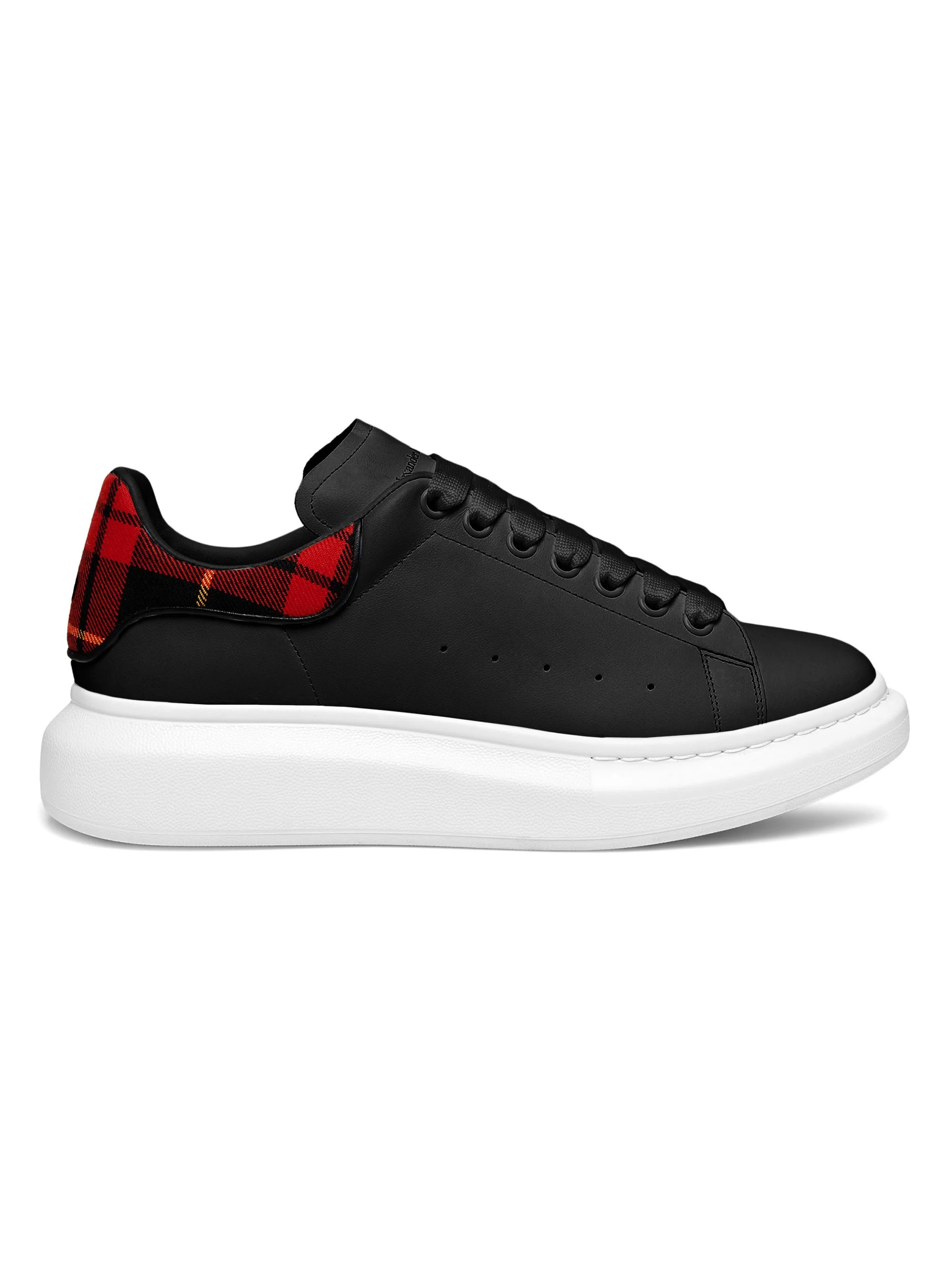 Men's Oversized Plaid-Heel Leather Sneakers - Black Multi Red - 1