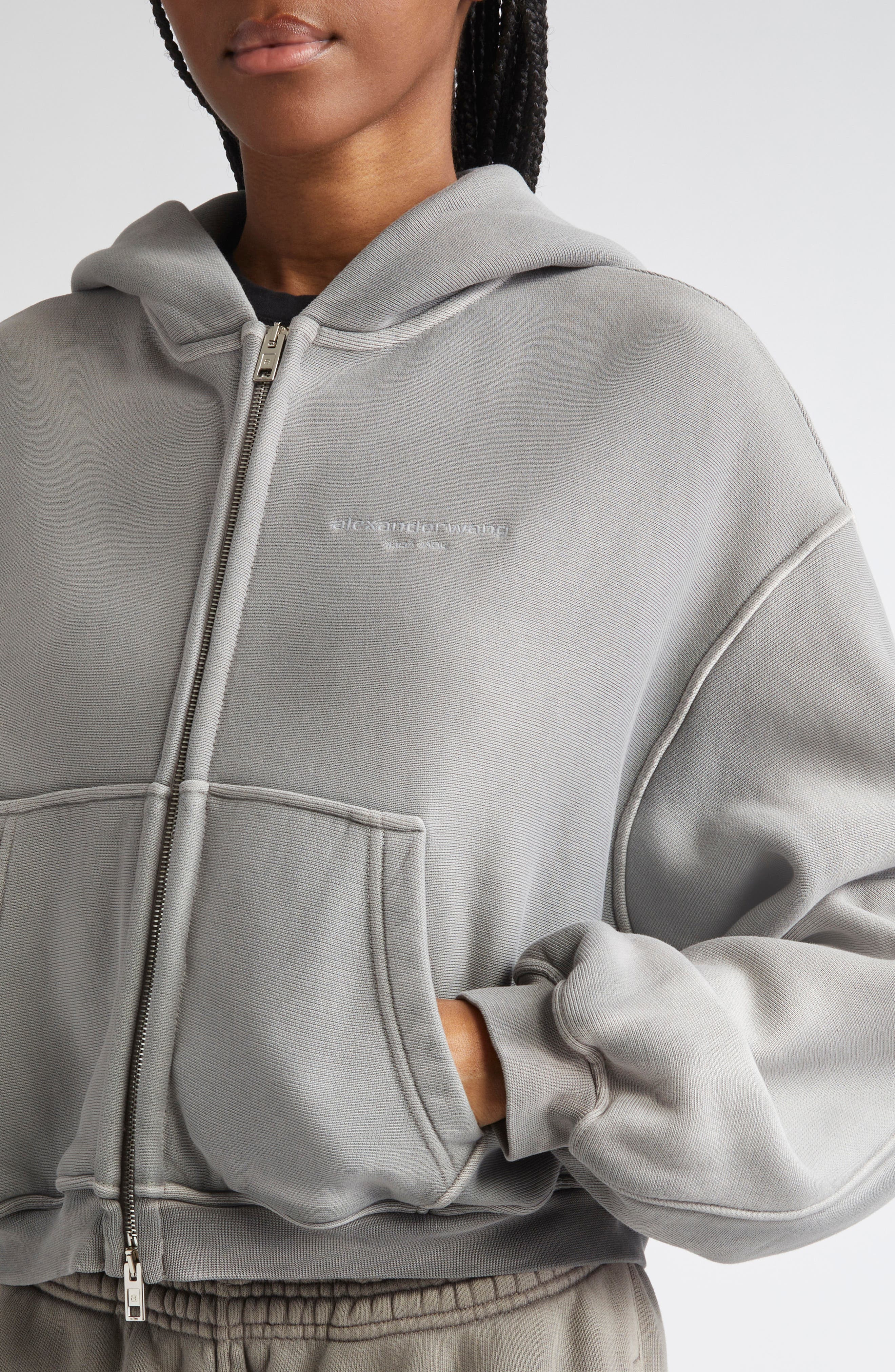 Alexander Wang Oversize Crop Full Zip Hoodie in Washed Cement at Nordstrom - 5