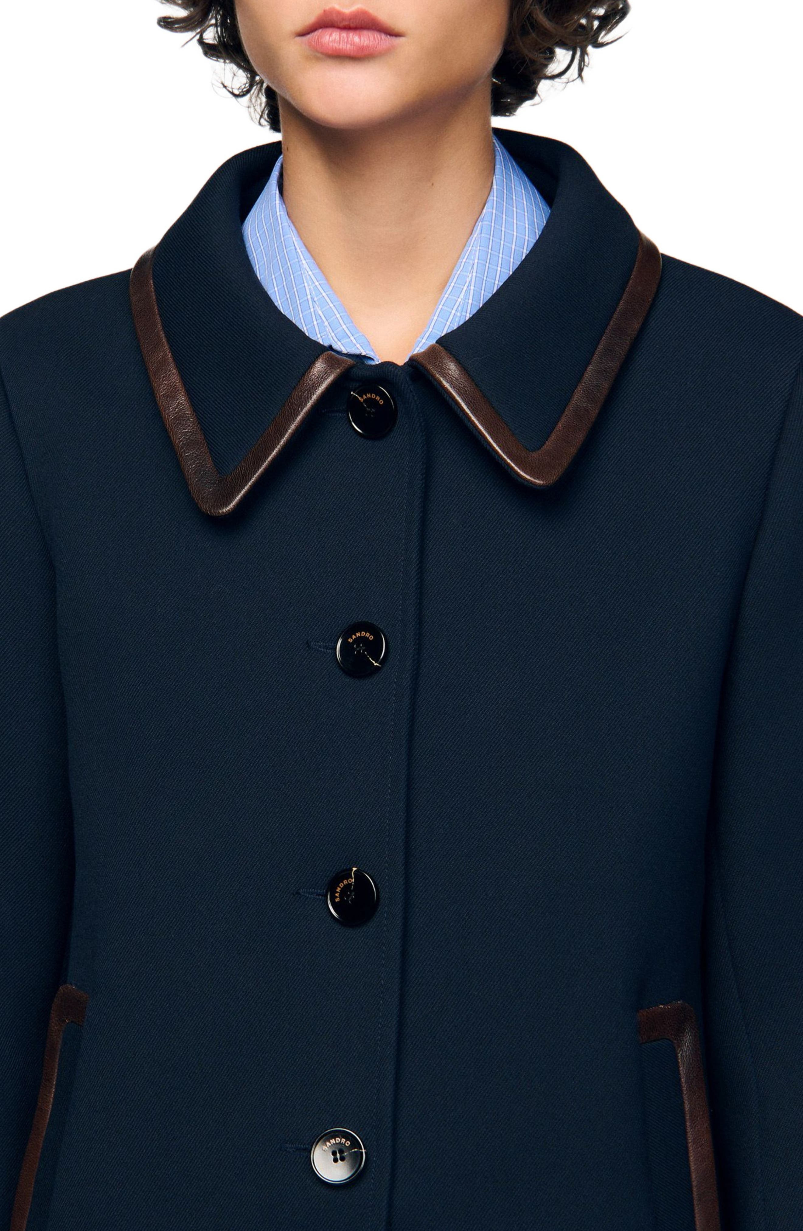 SANDRO Coat with leather stripes in Navy Blue at Nordstrom - 4