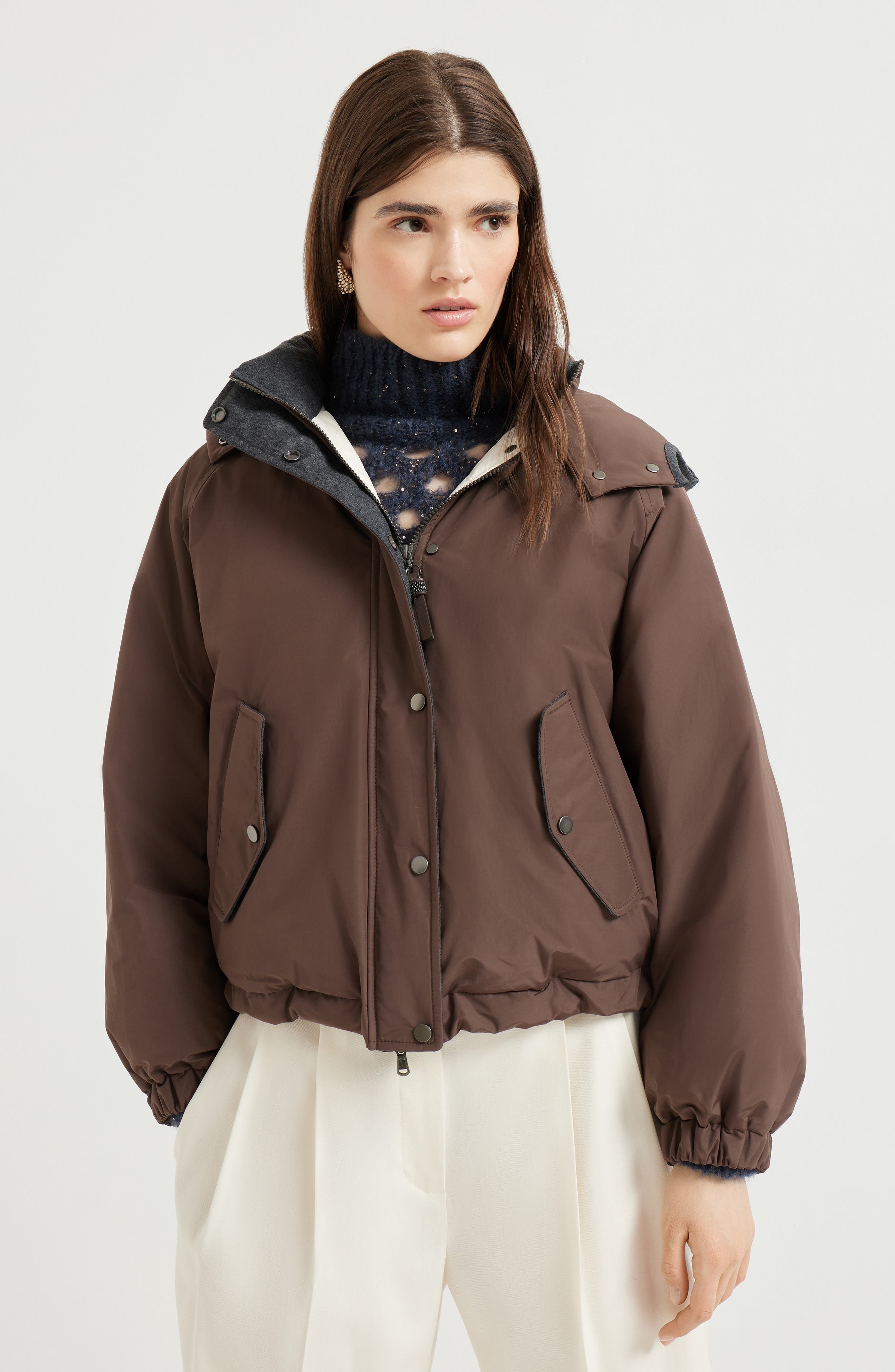 Brunello Cucinelli Crop down jacket with monili in Pine Cone Brown at Nordstrom - 2