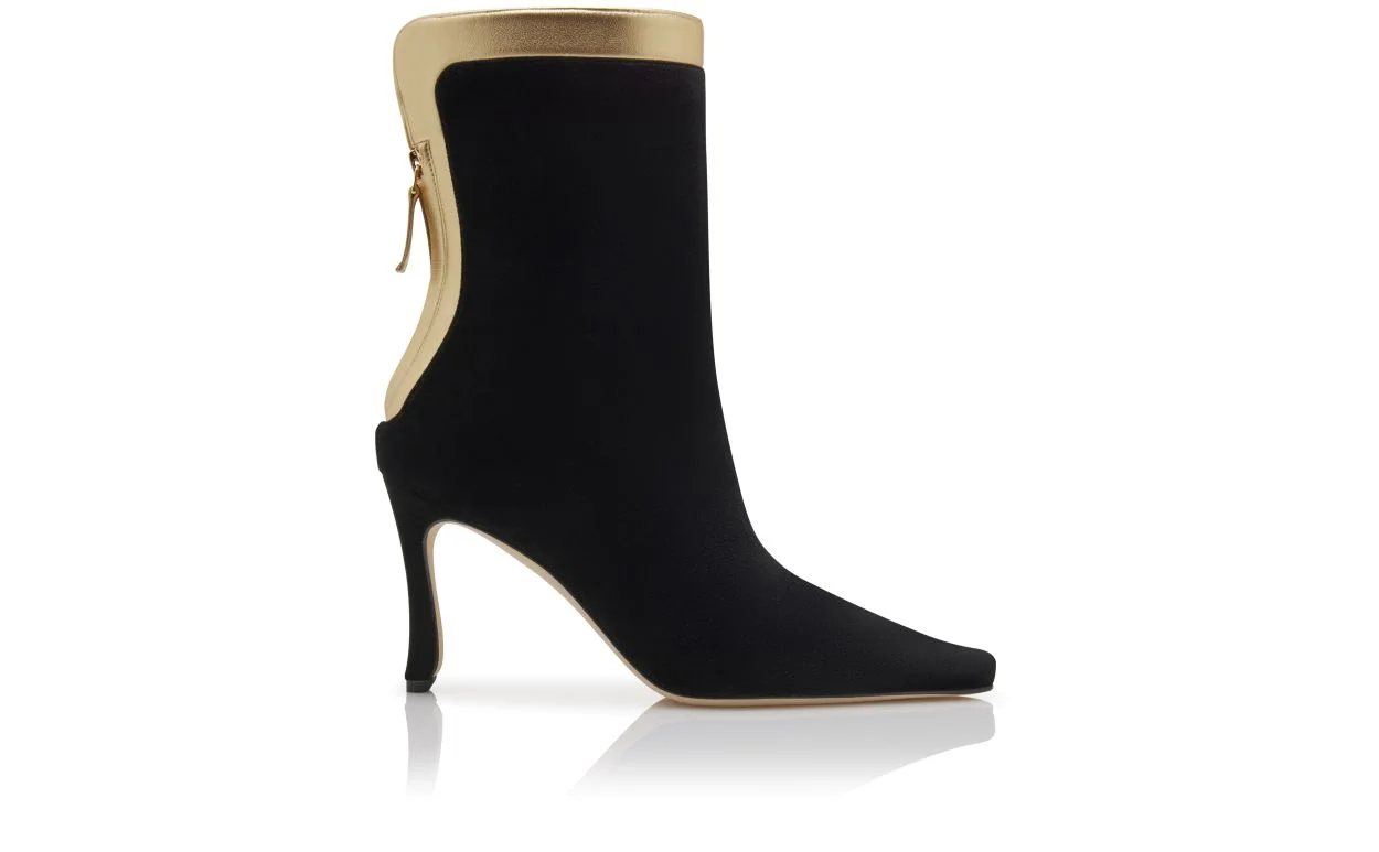 Black Velvet and Gold Ankle Boots - 1