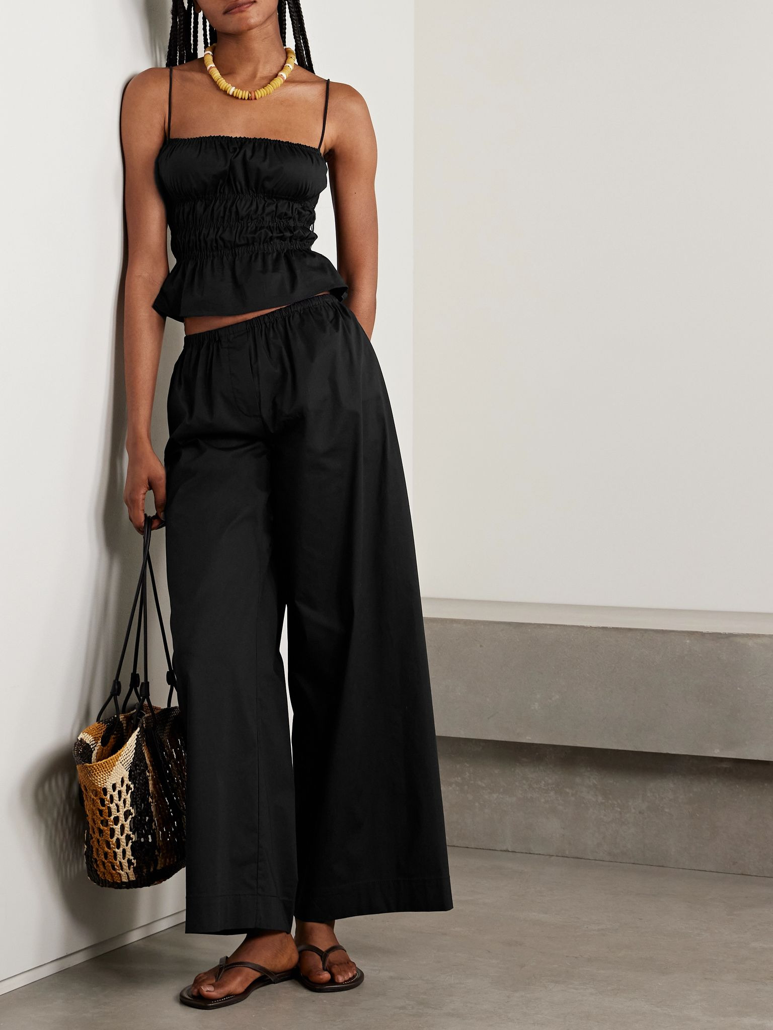 Ayla shirred cotton-blend poplin peplum top Black - 2