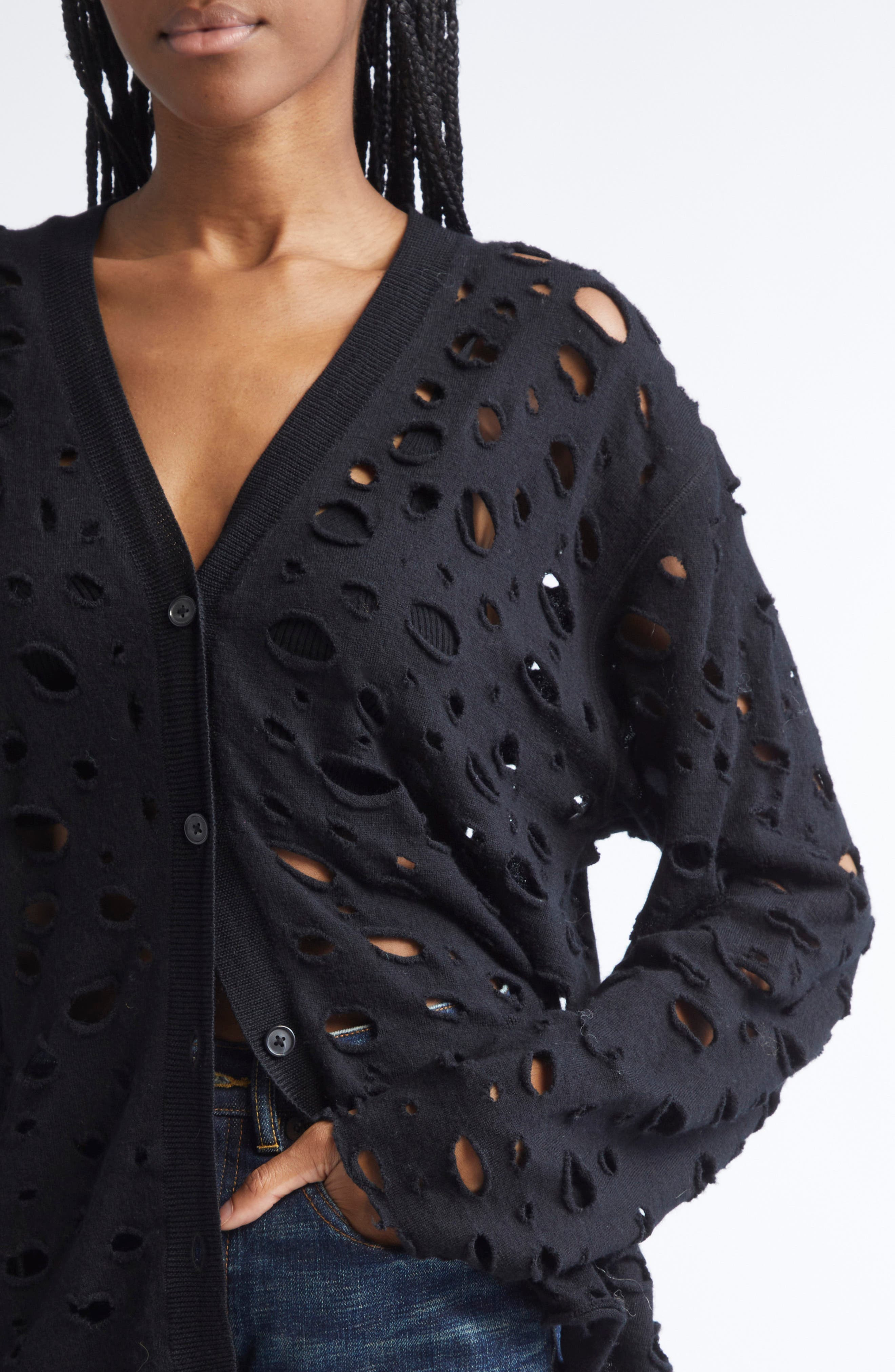 R13 Ripped Merio Wool Boyfrined Cardigan in Black at Nordstrom - 5