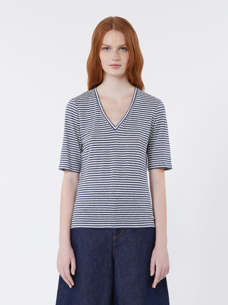 OPZIONE Stretch linen jersey V-neck T-shirt - ULTRAMARINE 3
