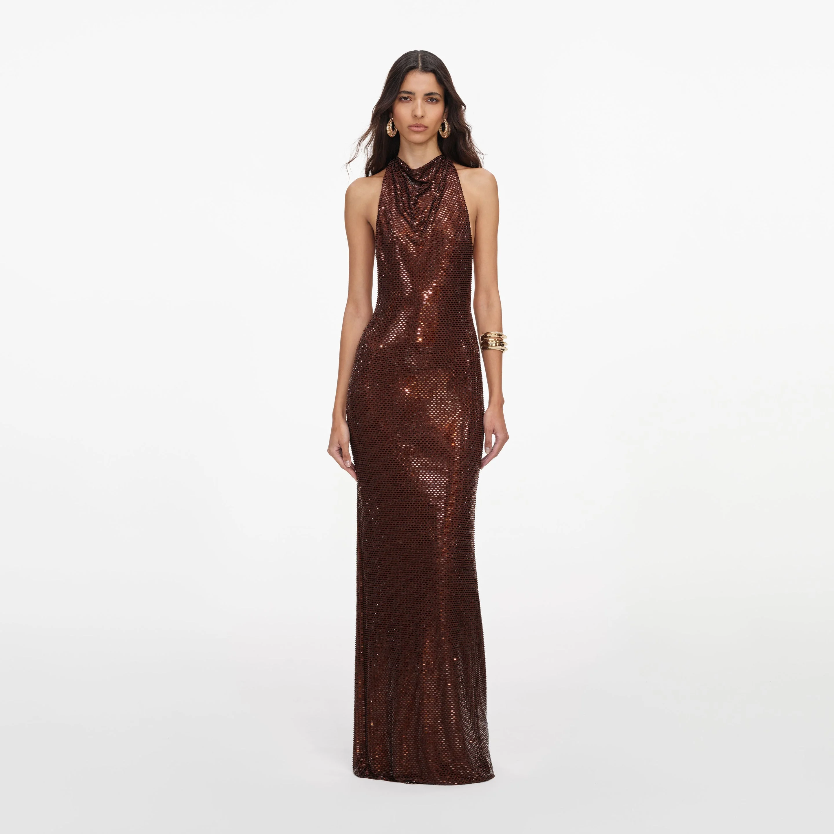 Brown Rhinestone Racer Back Maxi Dress - 1