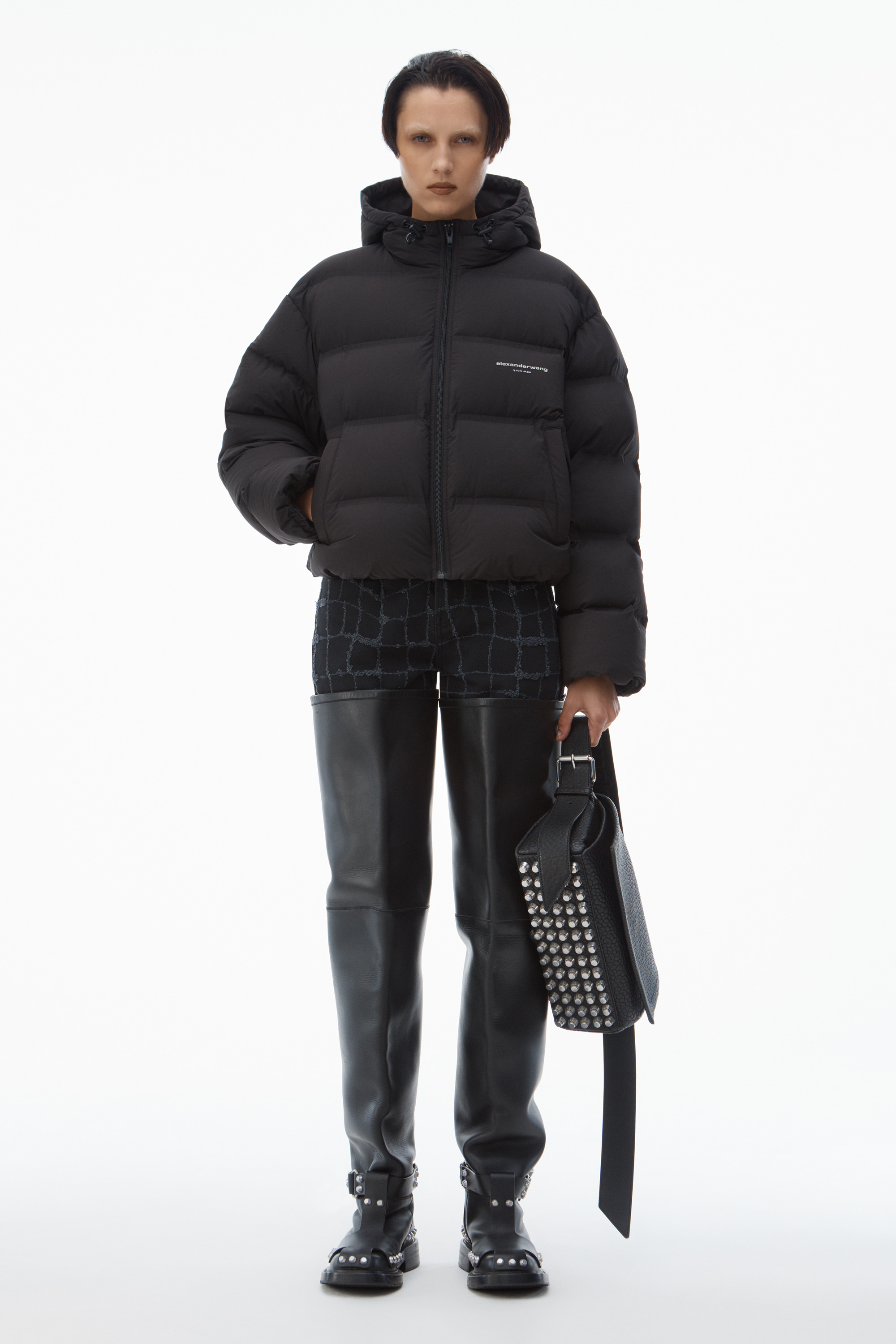 cropped channel hoodie in feather & down - 2