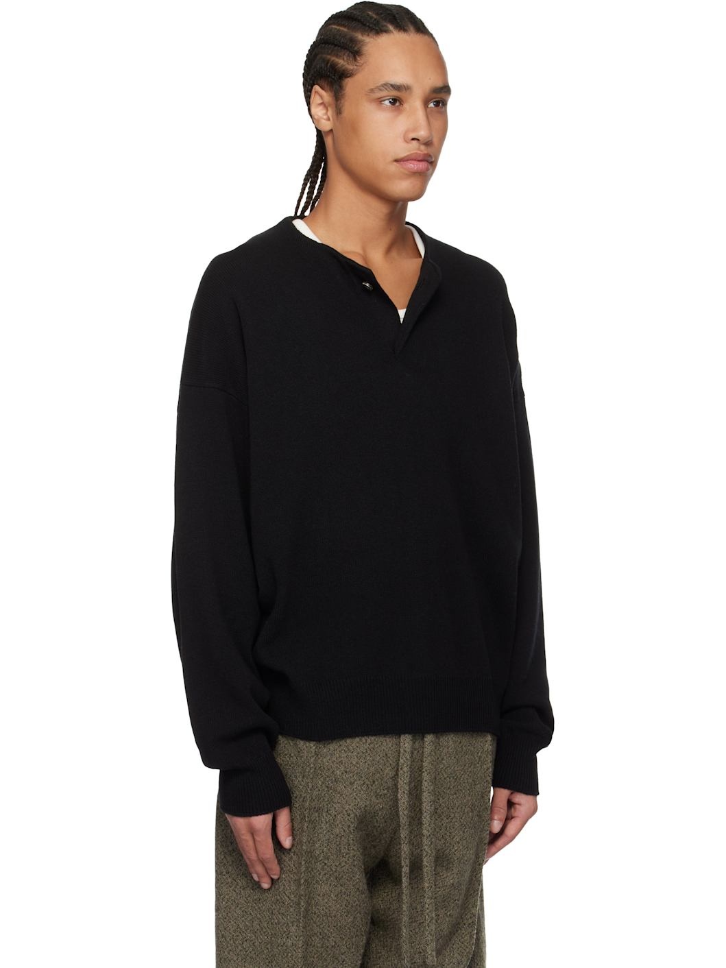 Black Fine Knit Henley - 2