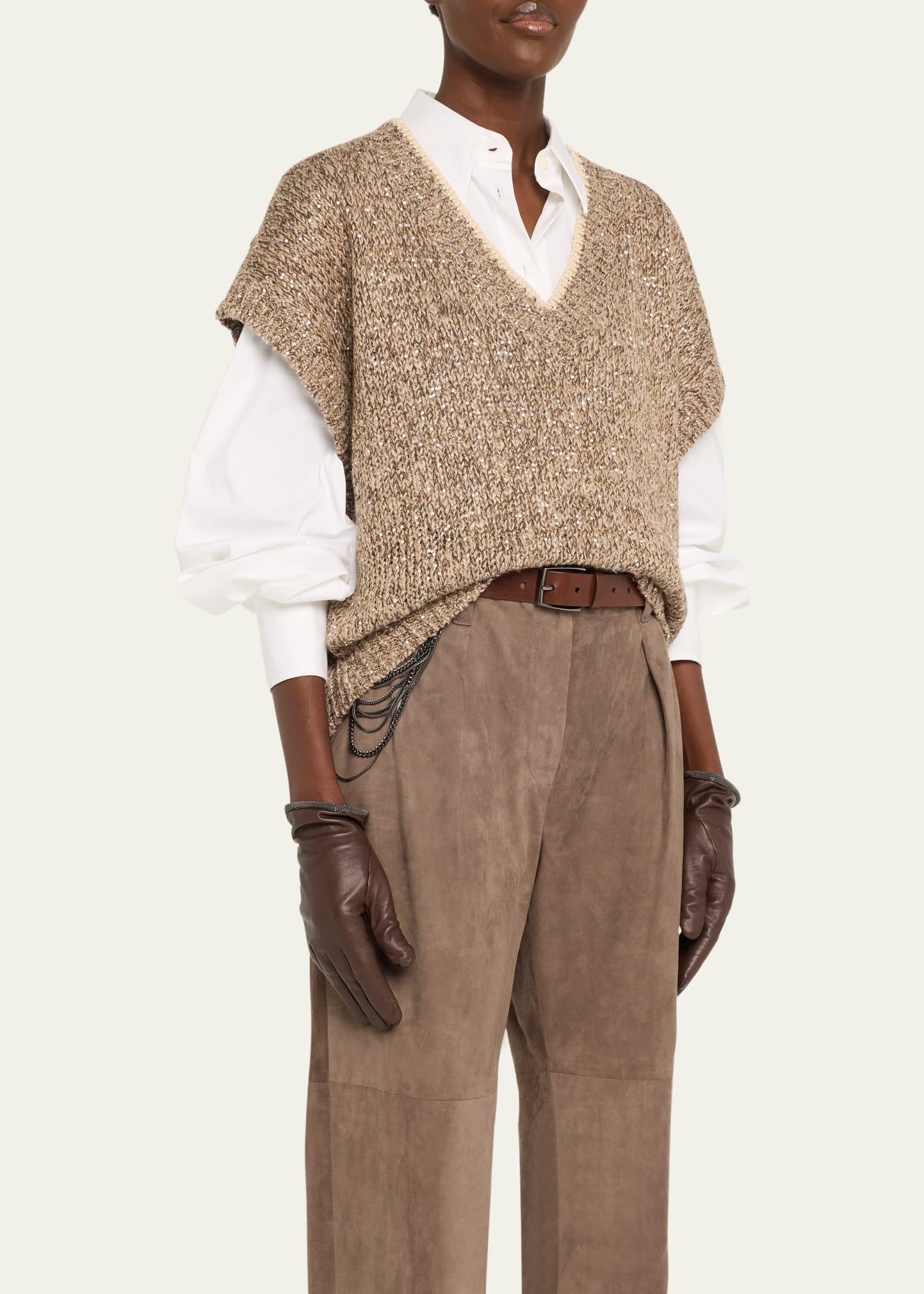 V-Neck Paillette Tweed Knit Crop Vest - 4