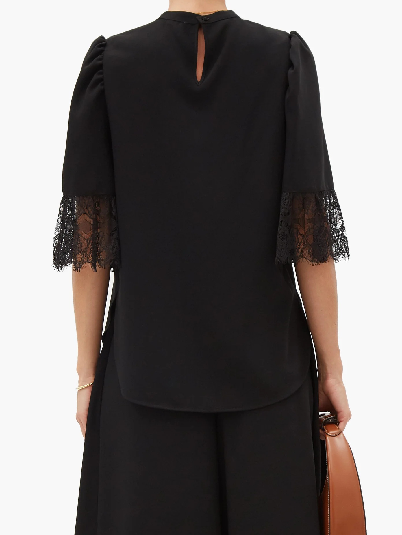 Lace-trimmed bell-sleeved crepe blouse - 5