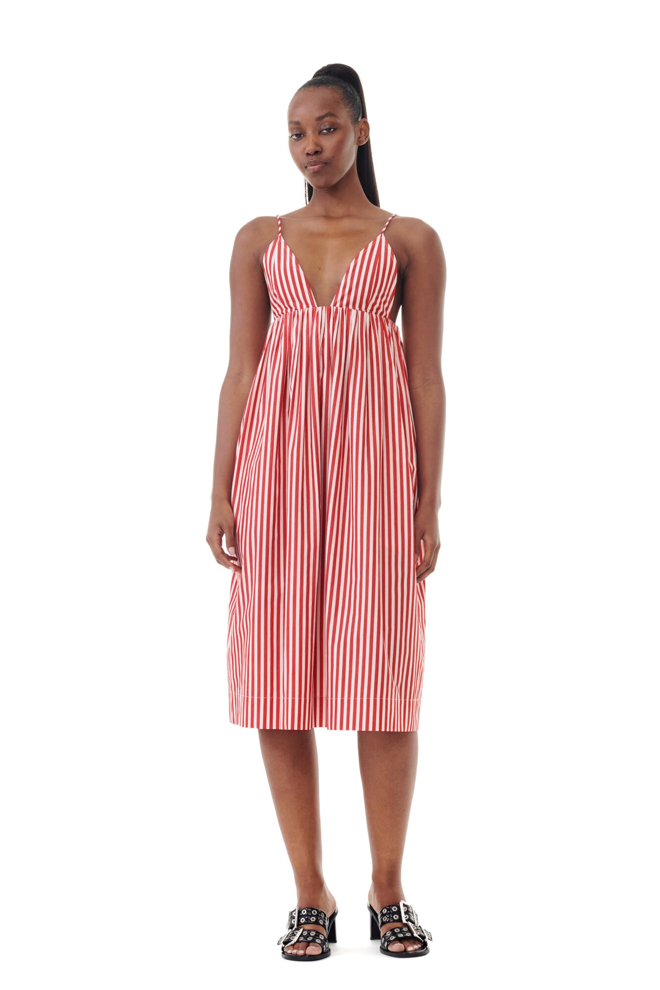 GANNI RED STRIPE COTTON STRAP MIDI DRESS | REVERSIBLE