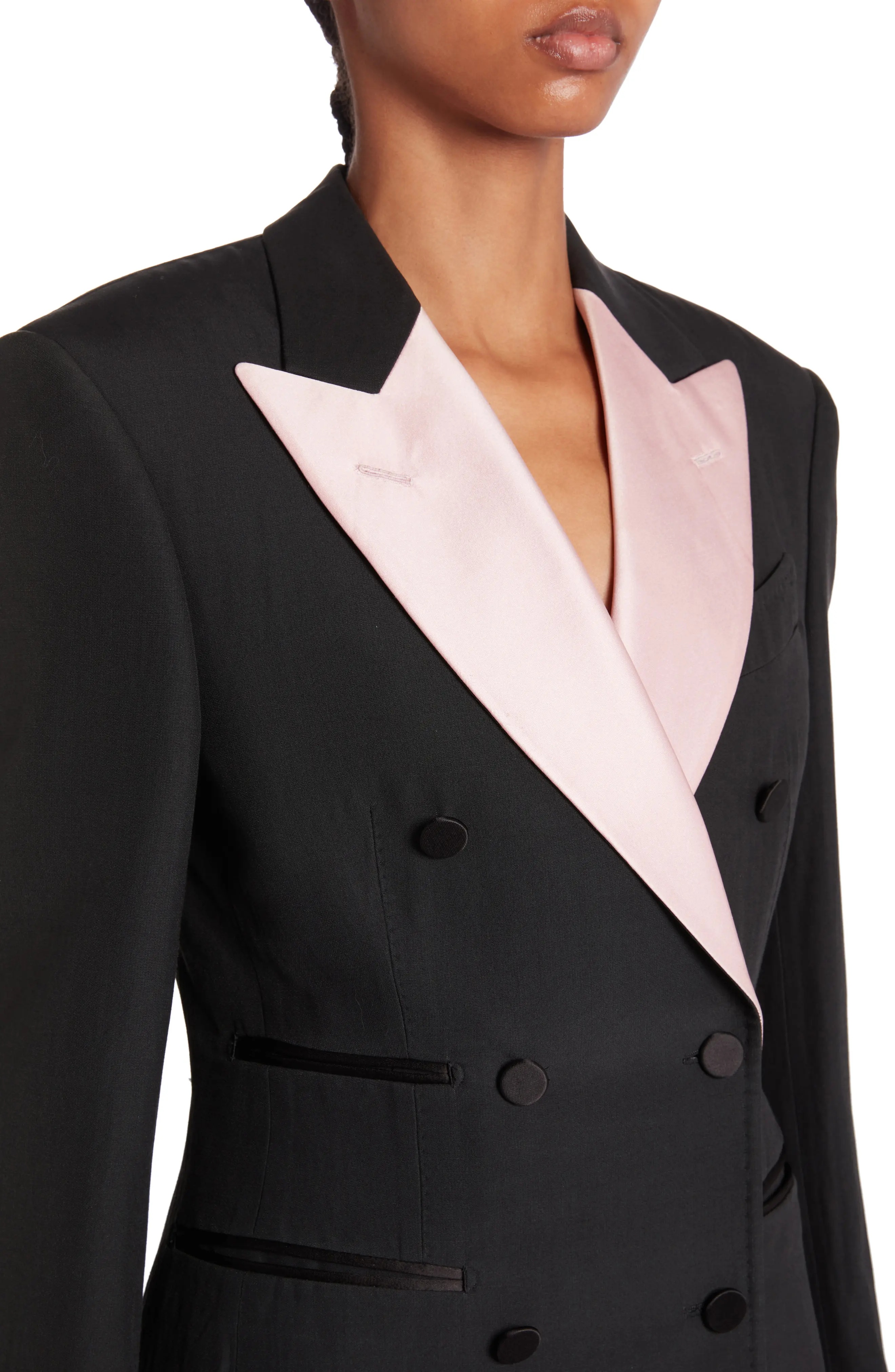 Contrast Lapel Wool & Silk Tuxedo Jacket in Black/Ballet Slipper - 5