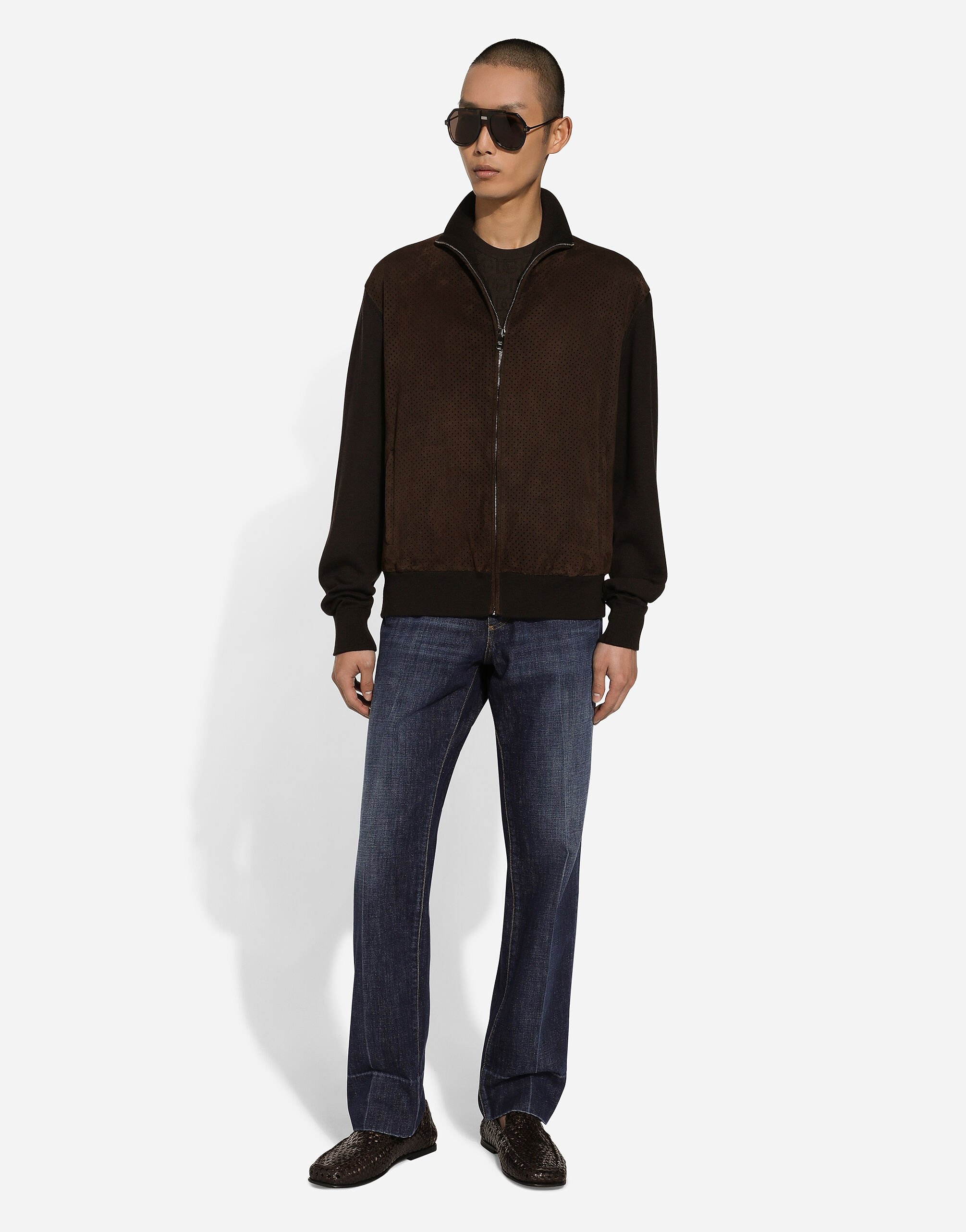 High-necked leather and wool jacket - 2
