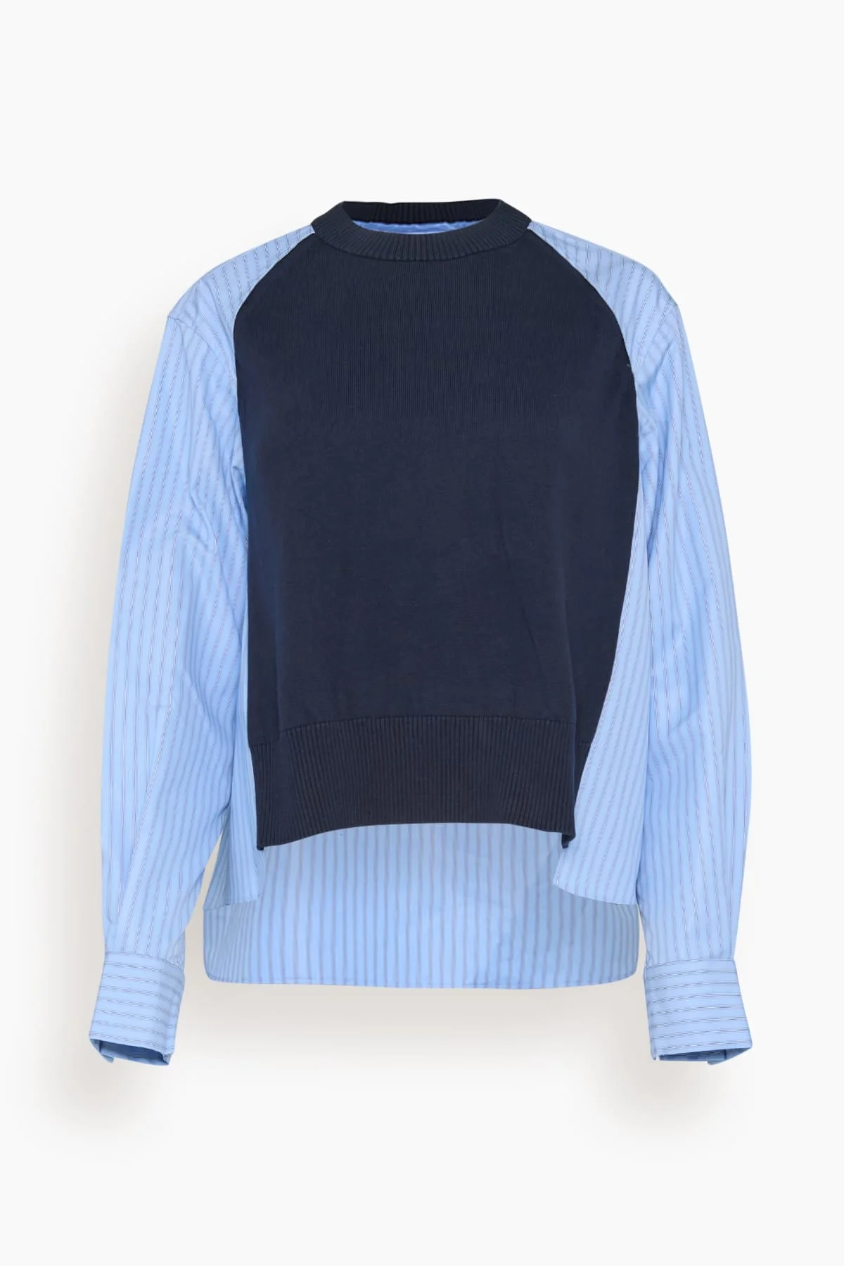 Poplin x Cotton Knit Pullover in Navy x Light Blue Stripe - 1