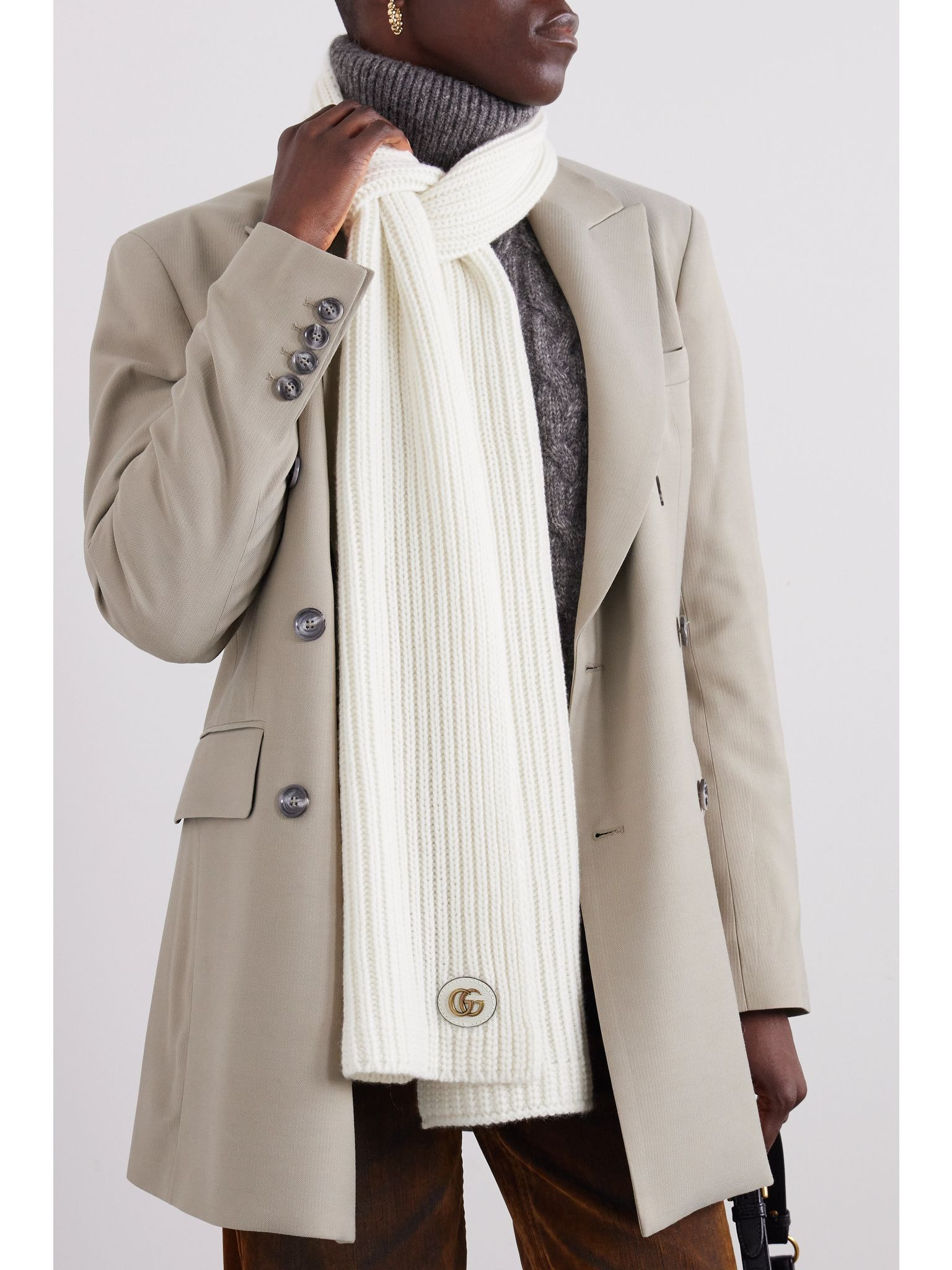 Embellished leather-trimmed ribbed wool and cashmere-blend scarf Ivory - 2