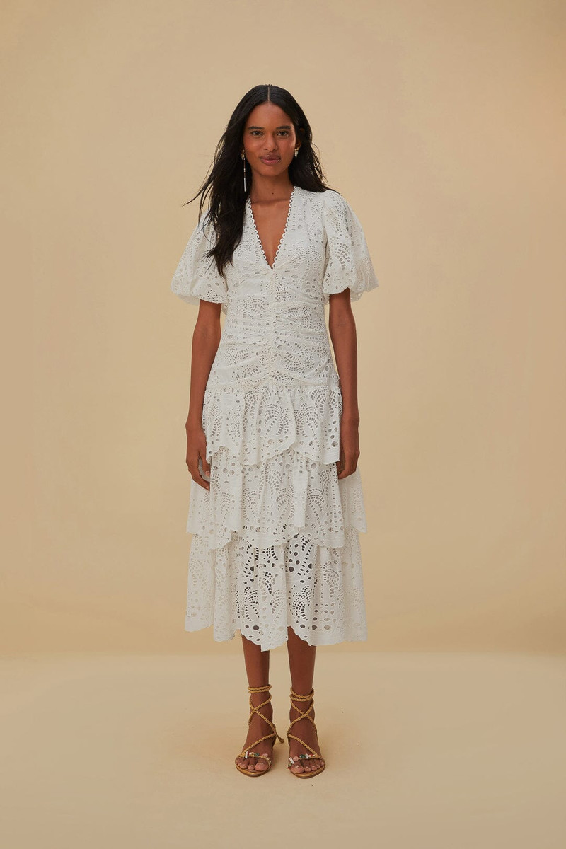 White Cotton Eyelet Puff Sleeve Midi Dress 1