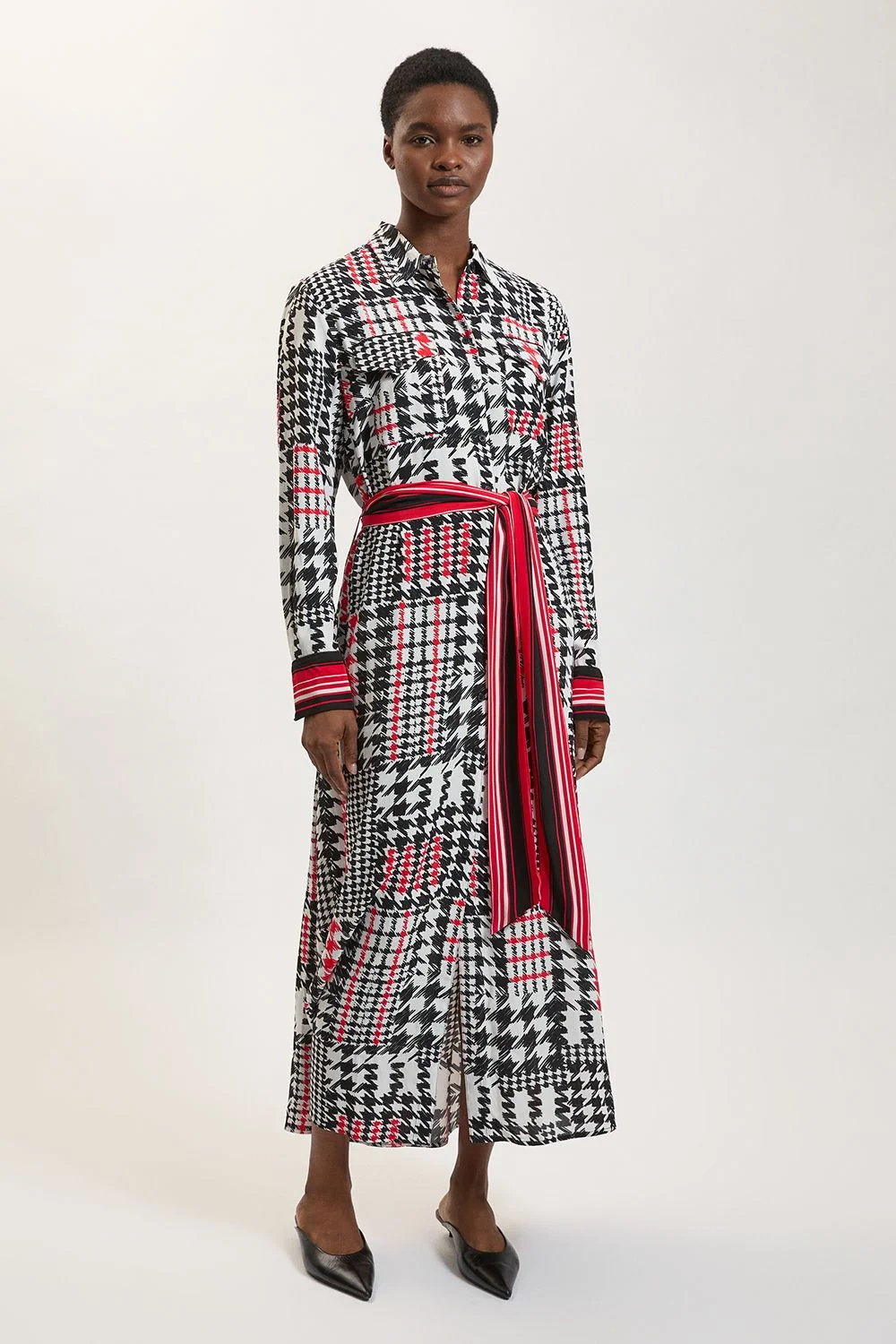 Dogtooth Print Viscose Woven Maxi Shirt Dress - 1