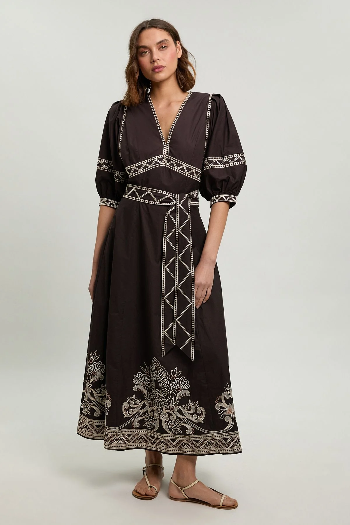 Embroidered Detail Belted Midi Dress - 1