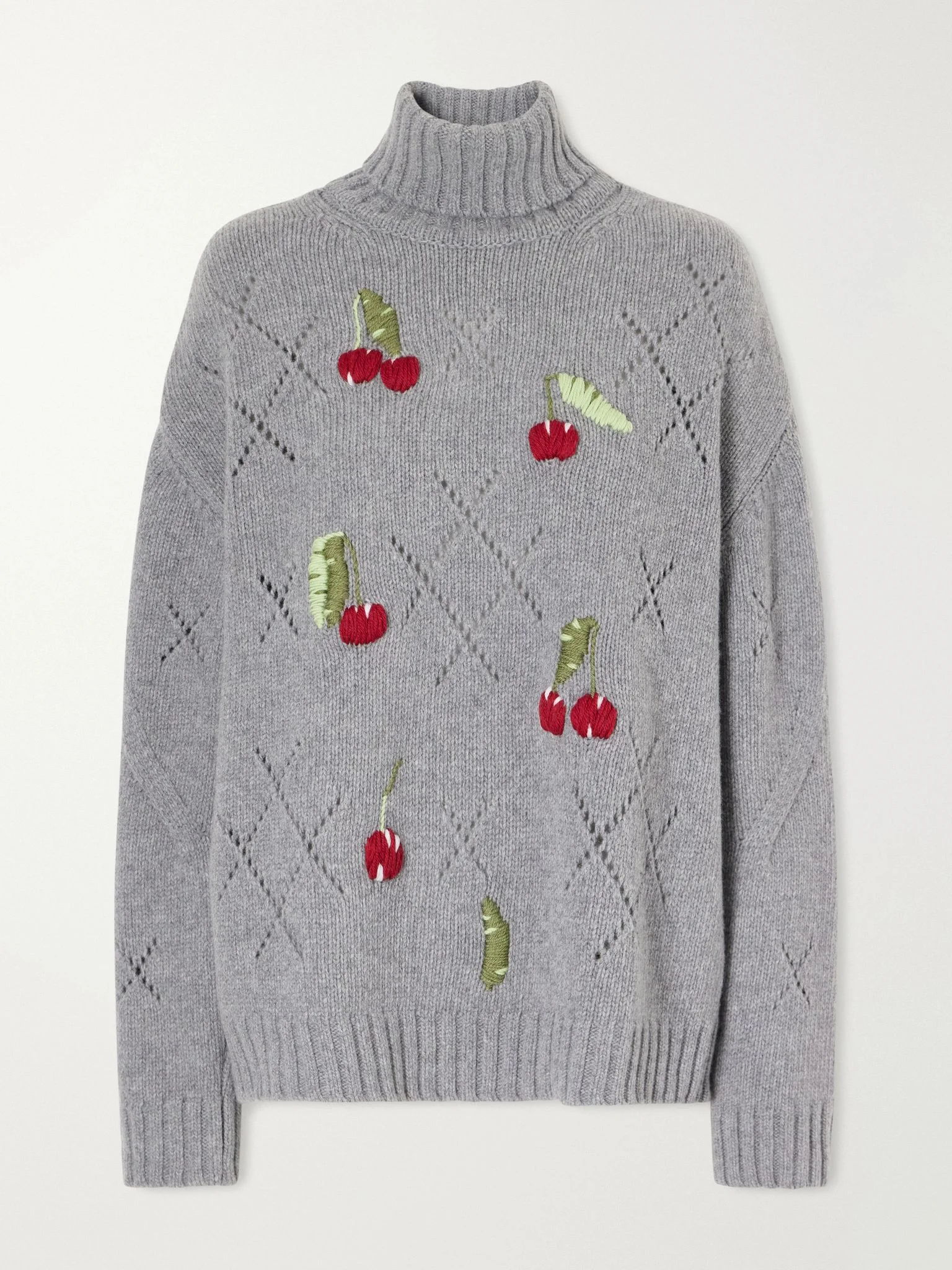 Sharon embroidered pointelle-knit wool turtleneck sweater Gray - 1