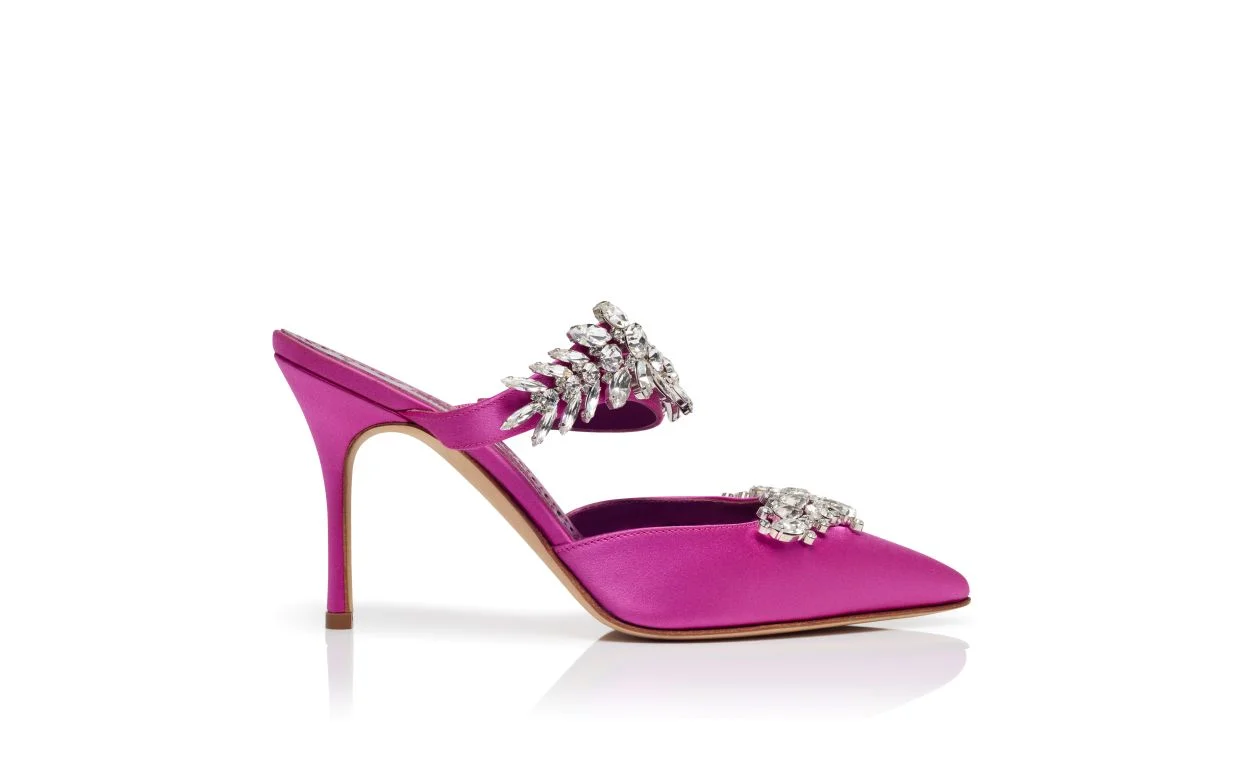 Fuchsia Satin Crystal Embellished Mules - 1